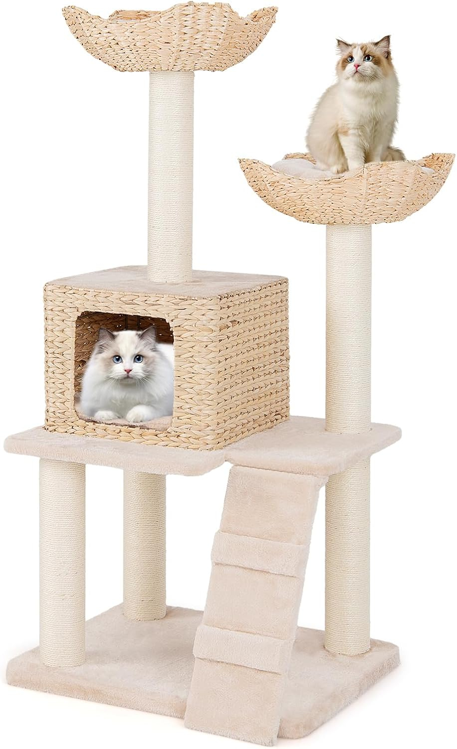 Giantex Wooden Cat Tree, 48 inches Cat Tower with Cattail Condo, Cat Bed, Hammock, Rotatable Jingling Balls, Natural Sisal Scratching Posts, Removable Cushion, Multi-Level Kitten Activity Center