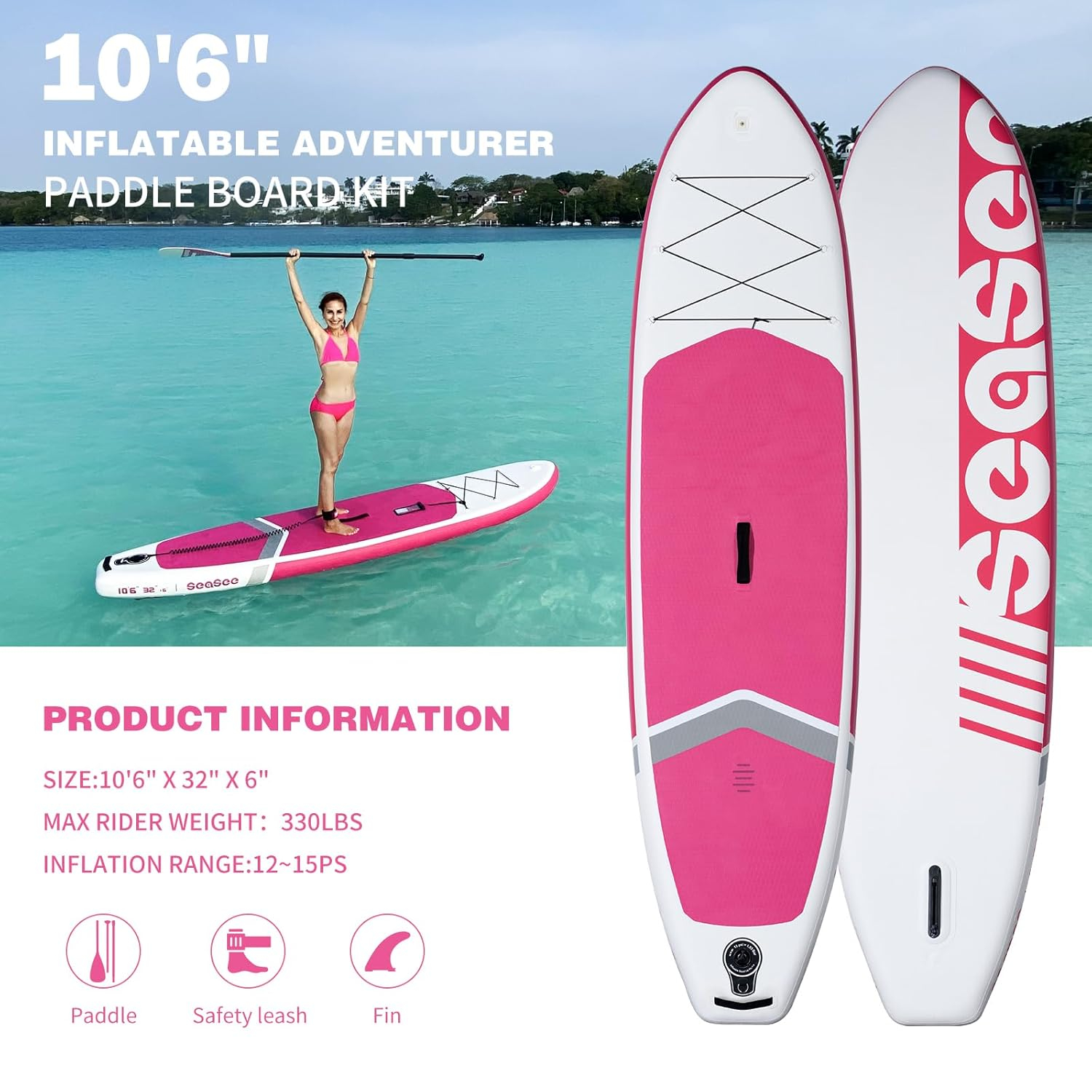 Inflatable Stand Up Paddle Board with Sup Board Accessories, Durable, Lightweight,Wide Stable Design,Wide Non-Slip Deck, Non-Slip Comfort Deck Pink Paddle Board for Women & Girls