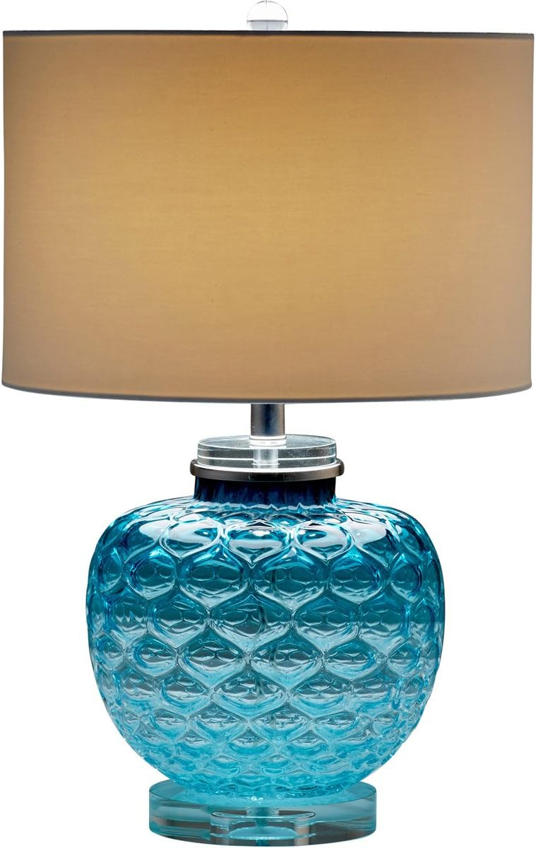 Teal Glass Table Lamp with Off-White Cotton Shade