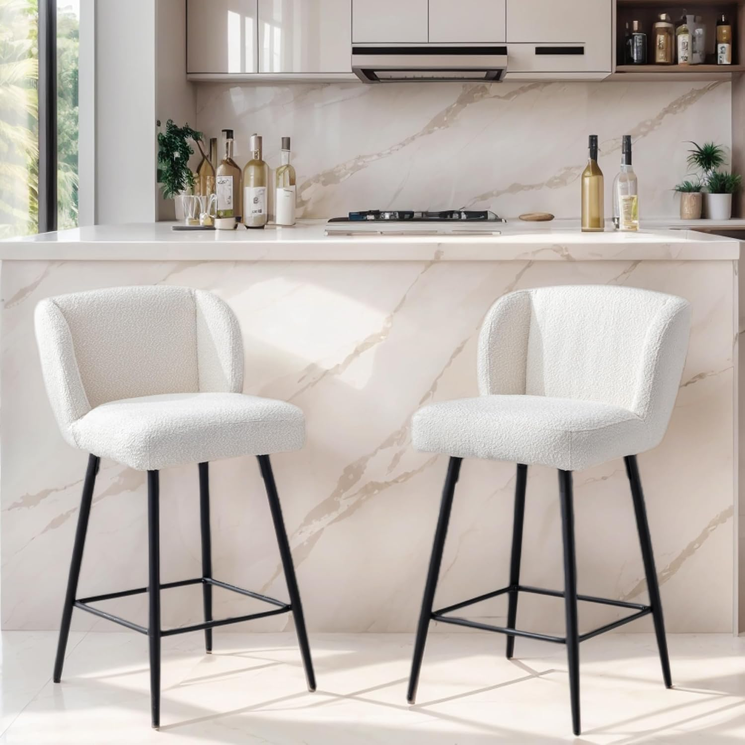 Modern Counter Height Bar Stools Set of 2, 26 Inch Faux Sherpa Upholstered Bar Stools with Back, 18" Seat Wide Island Stools with Black Metal Frame for Kitchen Counter/Breakfast Bar/Restaurant, White