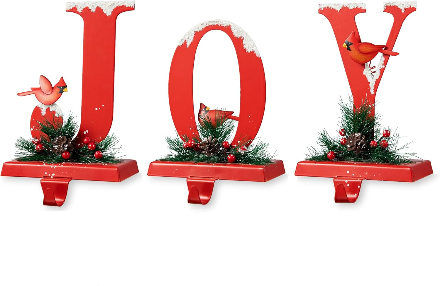 Red Metal JOY Christmas Stocking Holders with Cardinals