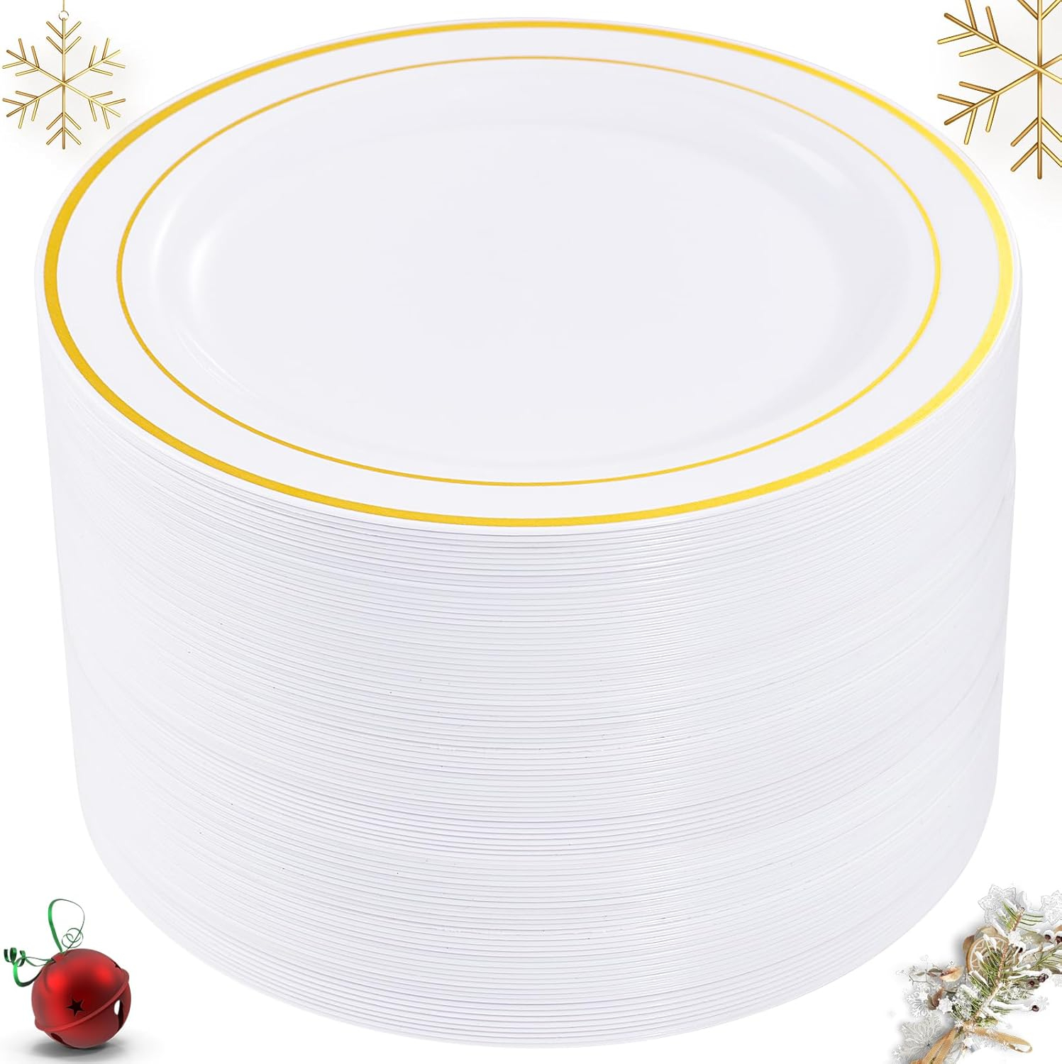 I00000 60pcs Plastic Gold Plates,10.25 inch Gold Rimmed Dinner Plates, White Disposable Plates, Parties or Wedding
