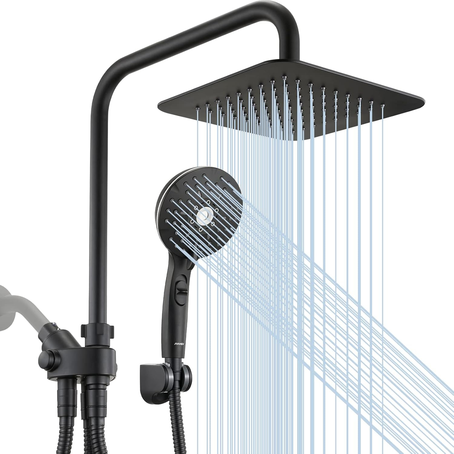 8" Dual Shower Head Combo, Rainfall Shower Head with Handheld, 6 Spray Settings Angle Adjustable Handheld Shower Head with Pause, Height Adjustable, Matte Black