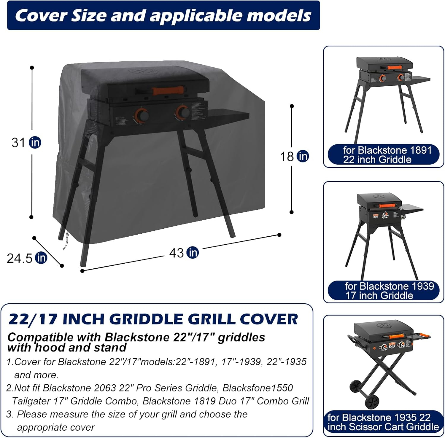 Griddle Grill Cover for Blackstone 22 inch and 17 inch with Hood and Stand, Waterproof UV Resistant Rip-Proof Material Griddle Cover - Black(Cover Only)