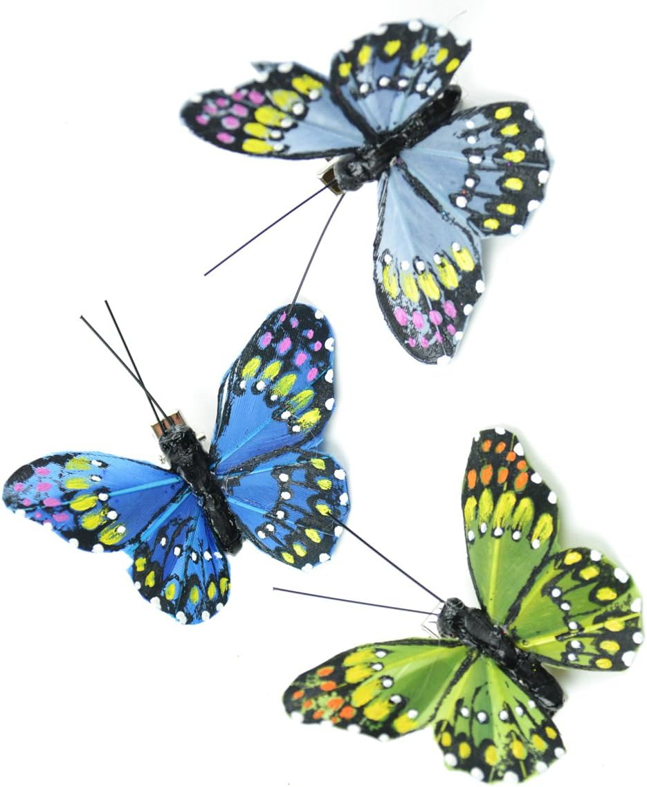 Set of 12 Multi Color Natural Feather Butterflies 2.5 inch with Clip for Home Decoration, Floral Arrangements, Wreaths and Arts & Crafts