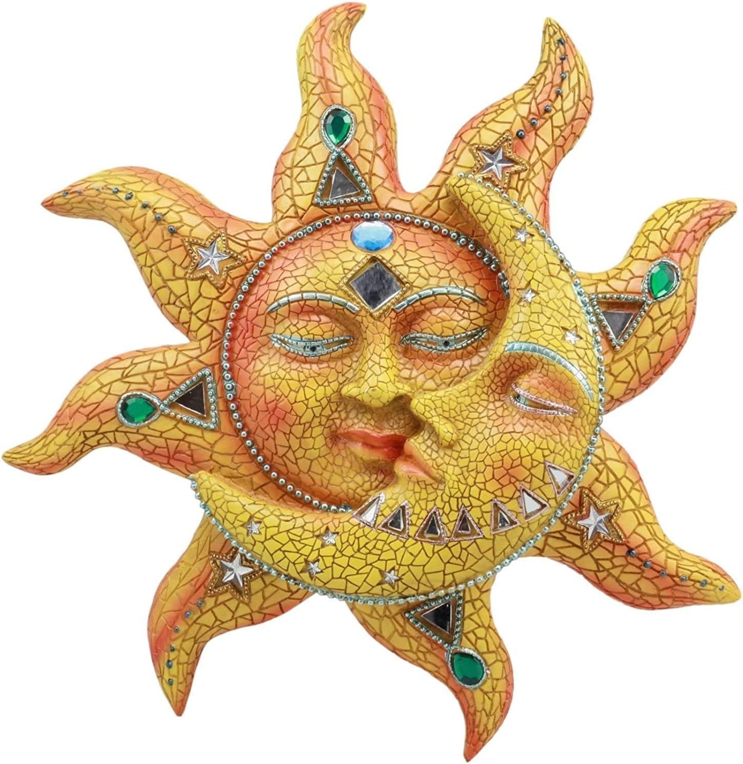 Ebros Cara de Mosaico Naranja Sol con Luna de Mosaico Amarillo, Decoración de Placa de Pared de 13"H