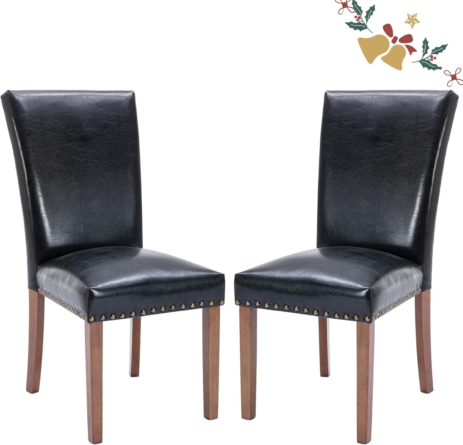 Colamy Black Upholstered Wood Legs Parsons Leather Dining Chairs with Nail head Trim Set of 2 for Dining Room