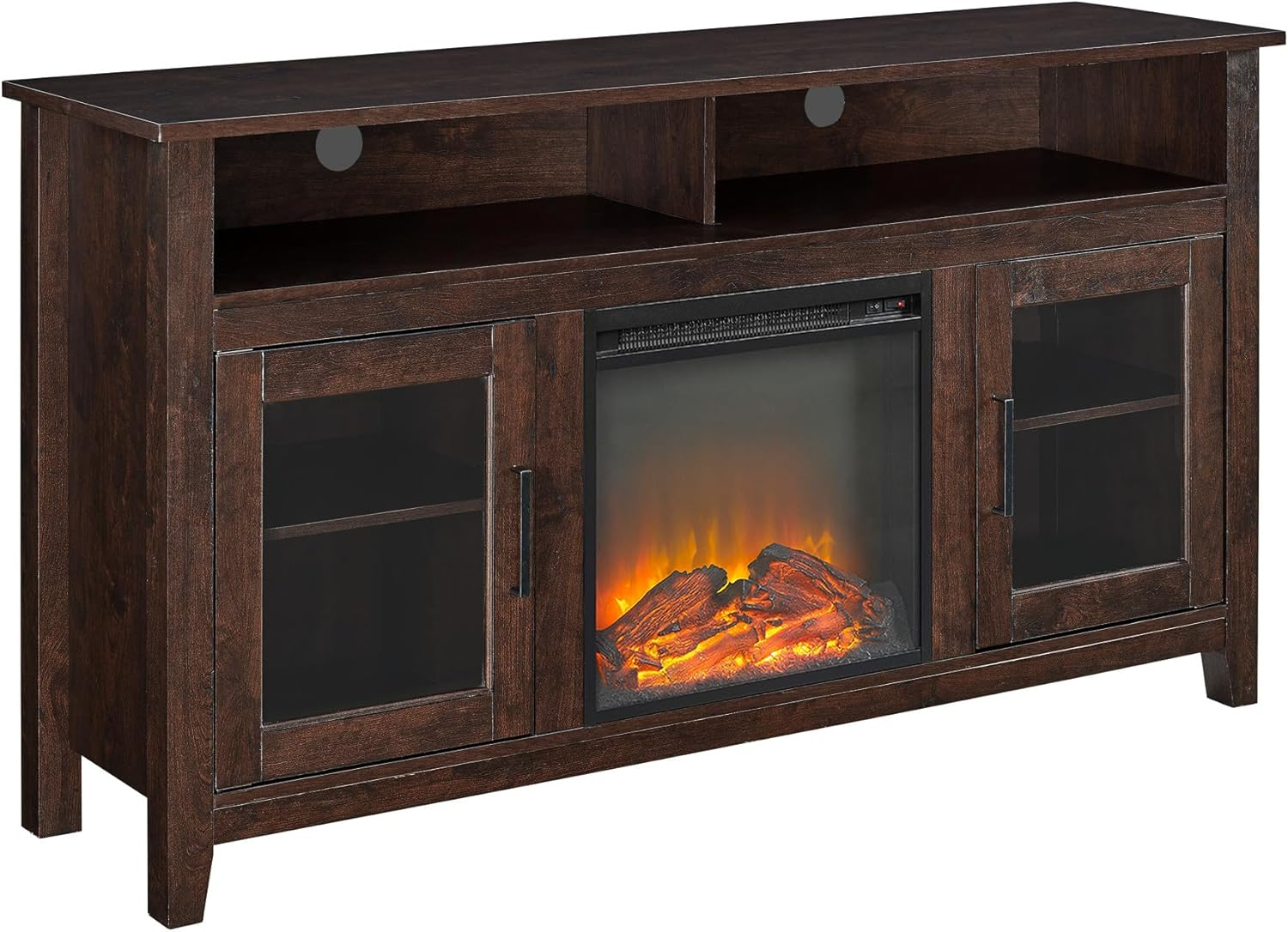 Walker Edison Glenwood Rustic Farmhouse Glass Door Highboy Fireplace TV Stand for TVs up to 65 Inches, 58 Inch, Brown