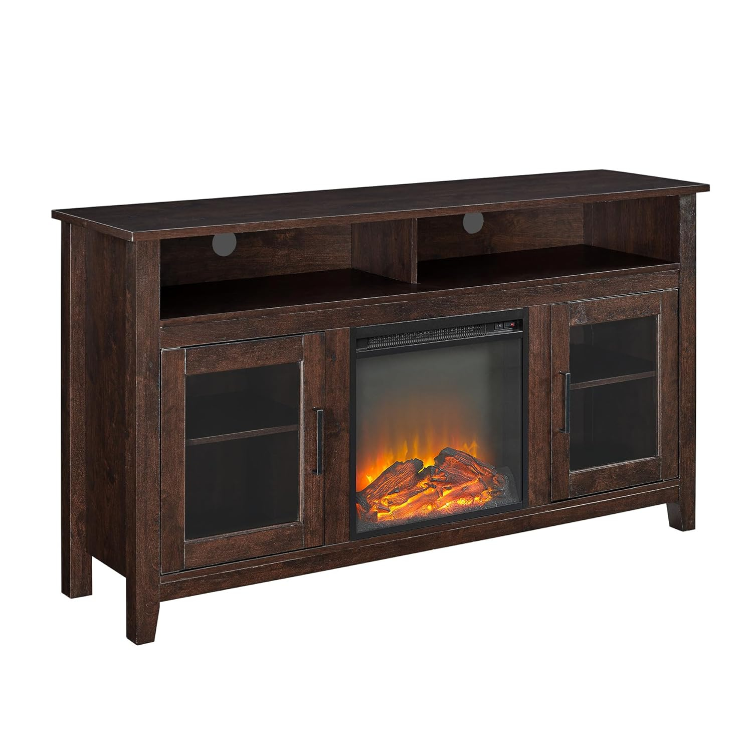 Walker Edison Glenwood Rustic Farmhouse Glass Door Highboy Fireplace TV Stand for TVs up to 65 Inches, 58 Inch, Brown