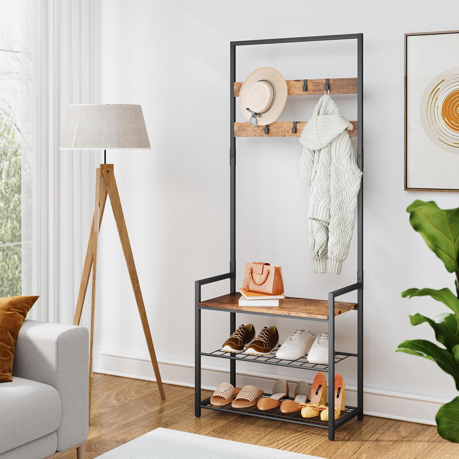 HOMEKOKO Coat Rack Shoe Bench, Hall Tree Entryway Storage Bench, Wood Look Accent Furniture with Metal Frame, 3-in-1 Design