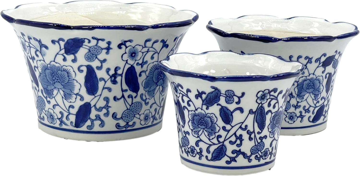 Set of 3 Blue & White Floral Ceramic Pots Ruffled Lip