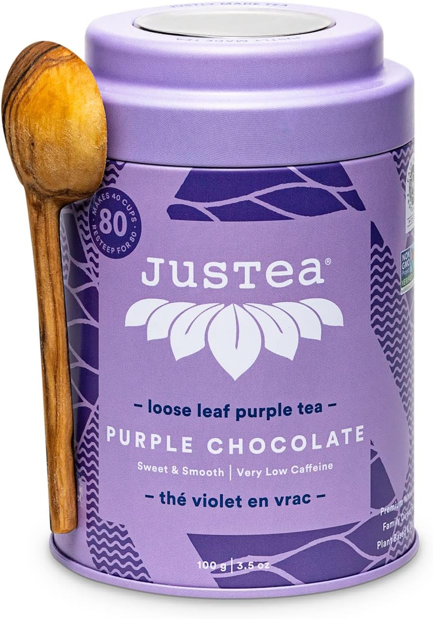 JusTea PURPLE CHOCOLATE | Loose Leaf Purple Tea with Hand Carved Tea Spoon | 40+ Cups (3.5oz) | Very Low Caffeine | Award-Winning | Fair Trade | Non-GMO