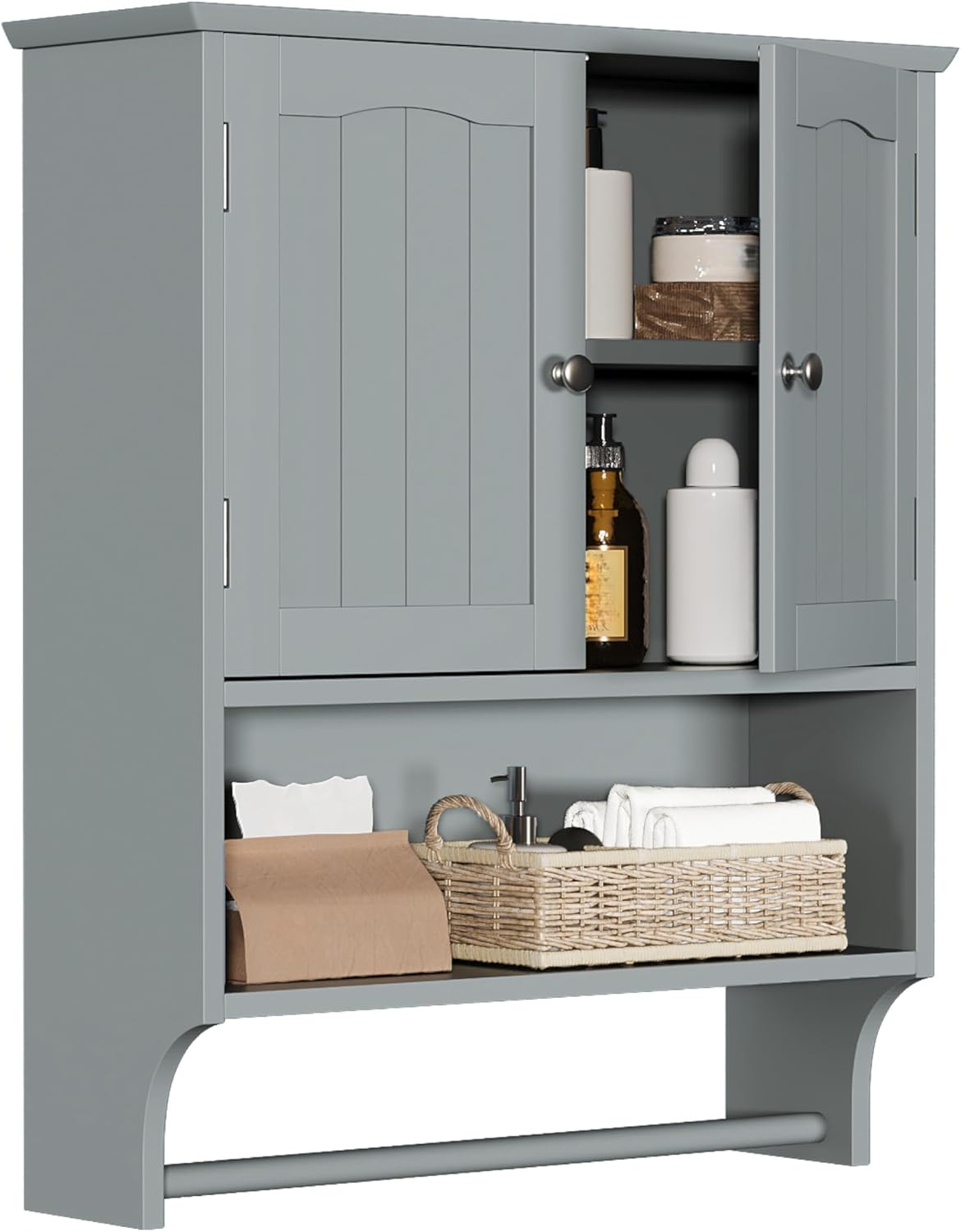 LOKO Wall Mounted Bathroom Cabinet with Towel Bar, Hanging Over The Toilet Storage Cabinet w/Adjustable Shelf, Medicine Cabinet Space-Saving Storage Organizer for Bathroom or Kitchen (Grey)