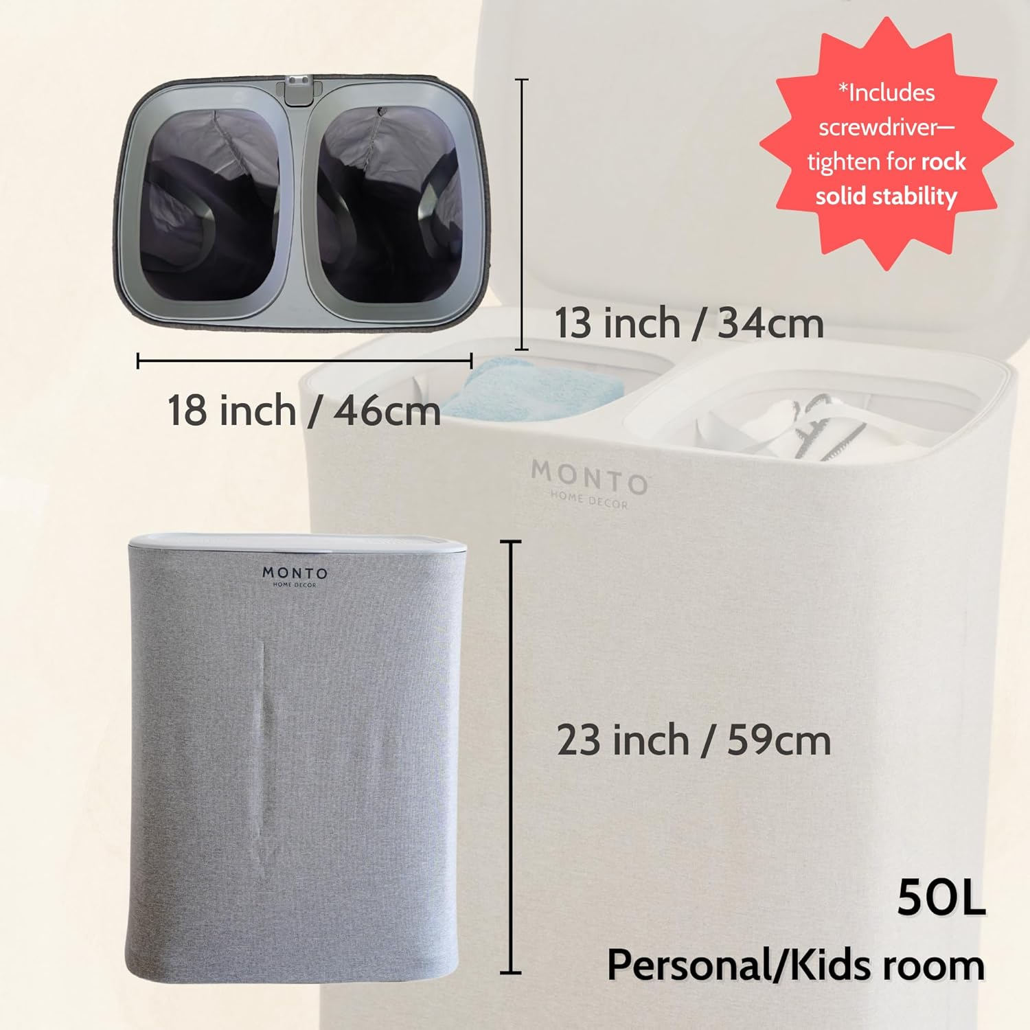 Laundry Hamper – Large Double Compartment Laundry Basket with Lid, Removable Bags, and Handles for Efficient Clothes Sorting – Stylish and Functional (50L, Personal/Kids room)