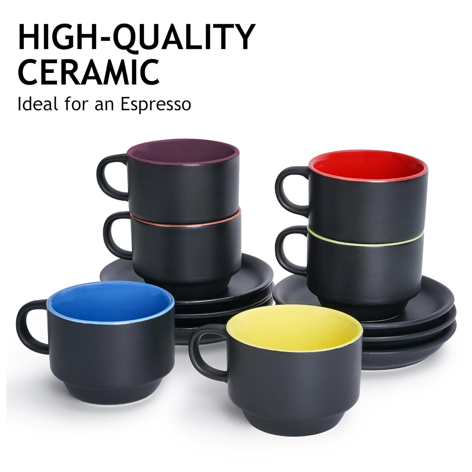 MIAMIO - 2.5 oz Espresso Cup Set with Saucers Coffee Mug Set of 6 - Ceramic Coffee Mug Stackable Espresso Mug with Stand for Coffee Drinks, Latte, Cafe Mocha - Le Papillon Collection (Colorful)