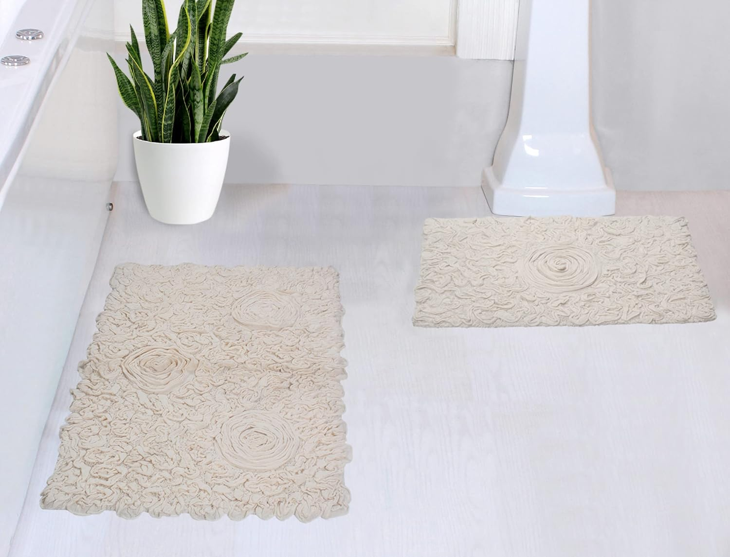 Home Weavers Bell Flower Collection 100% Cotton Tufted Bath Rugs, Extra Soft and Absorbent Bath Rugs, Non-Slip Bath Mats, Machine Washable, Bath Mats for Bathroom Floor, 2 Piece Set(S+M), Ivory