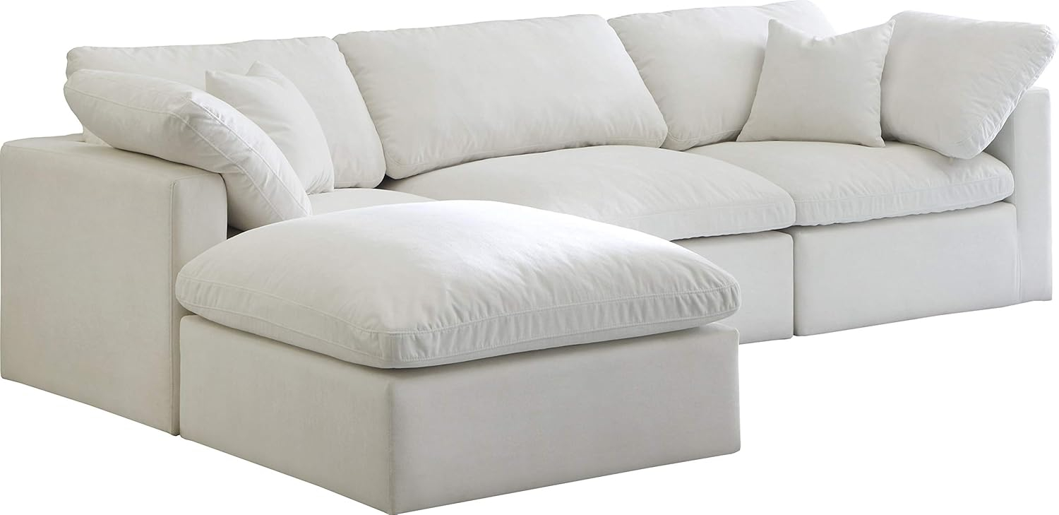 Meridian Furniture 602Cream-Sec4A Plush Collection Contemporary Down Filled Comfort Overstuffed Velvet Upholstered Modular L-Shaped Sectional 3-Seater and 1 Ottoman Cream