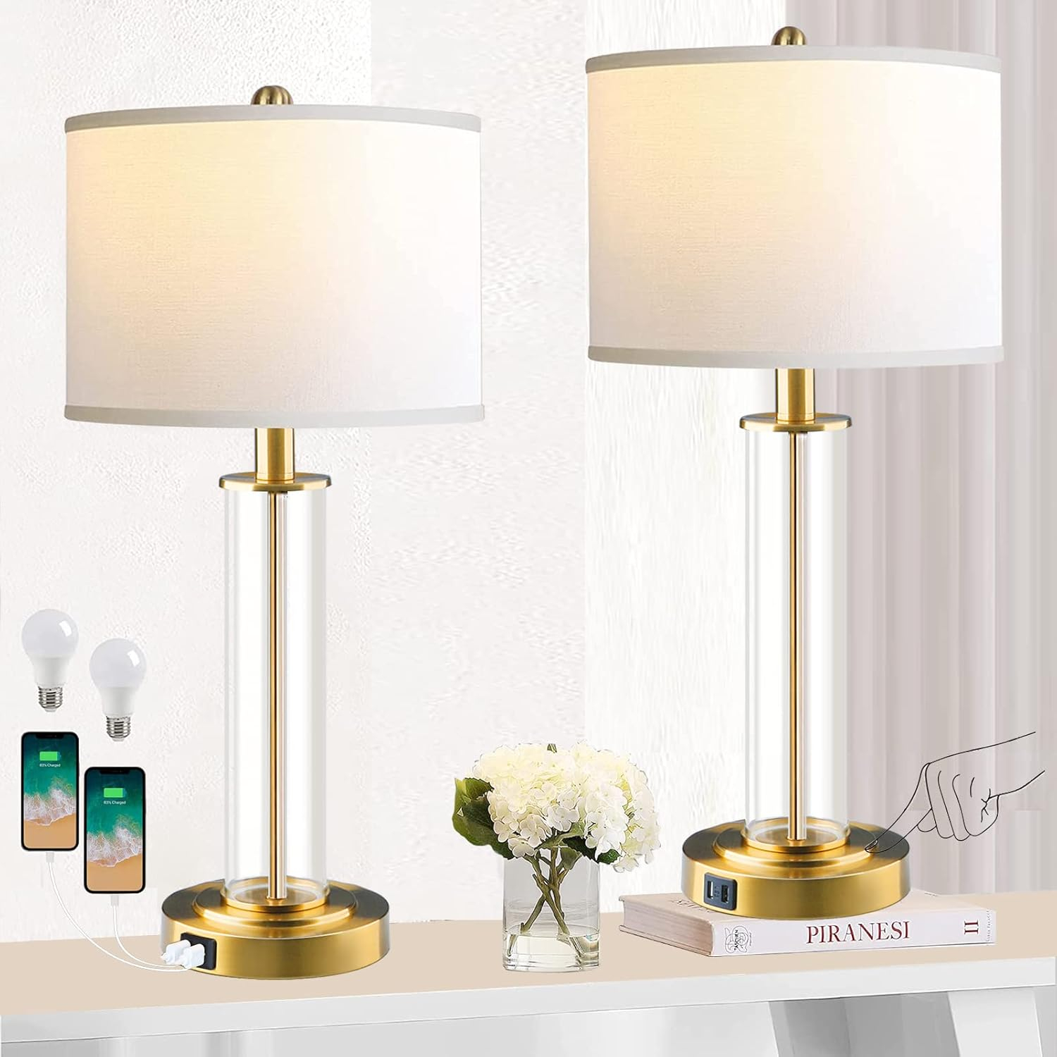 Table Lamps for Living Room,Touch Control Gold Lamps for Bedrooms Set of 2,Modern Bedside Table Lamp with Dual USB Ports,Tall Nightstand lamp with Whites Lampshades (2 Bulbs Included)