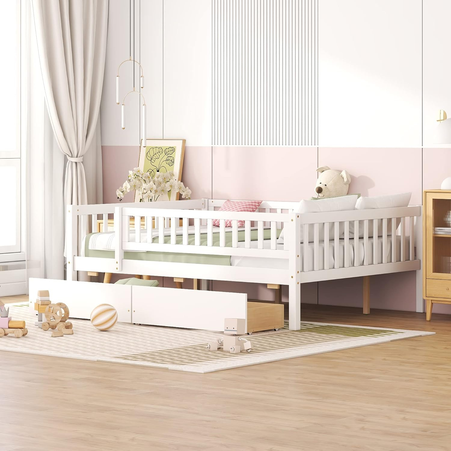 DEINPPA Full Bed with Drawers, Kids Daybed with Storage, Wooden Bed Frame with Slat for Kids Children Toddlers Boys Girls-White