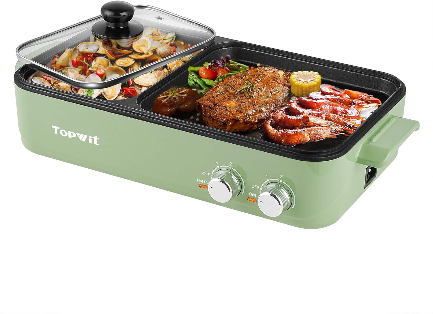 Topwit Hot Pot Electric with Grill, 2 in 1 Indoor Non-Stick Electric Pot and Griddle for Korean BBQ, Steaks, Shabu Shabu and Noodles, Independent Dual Temperature Control, Fast Heating, Green