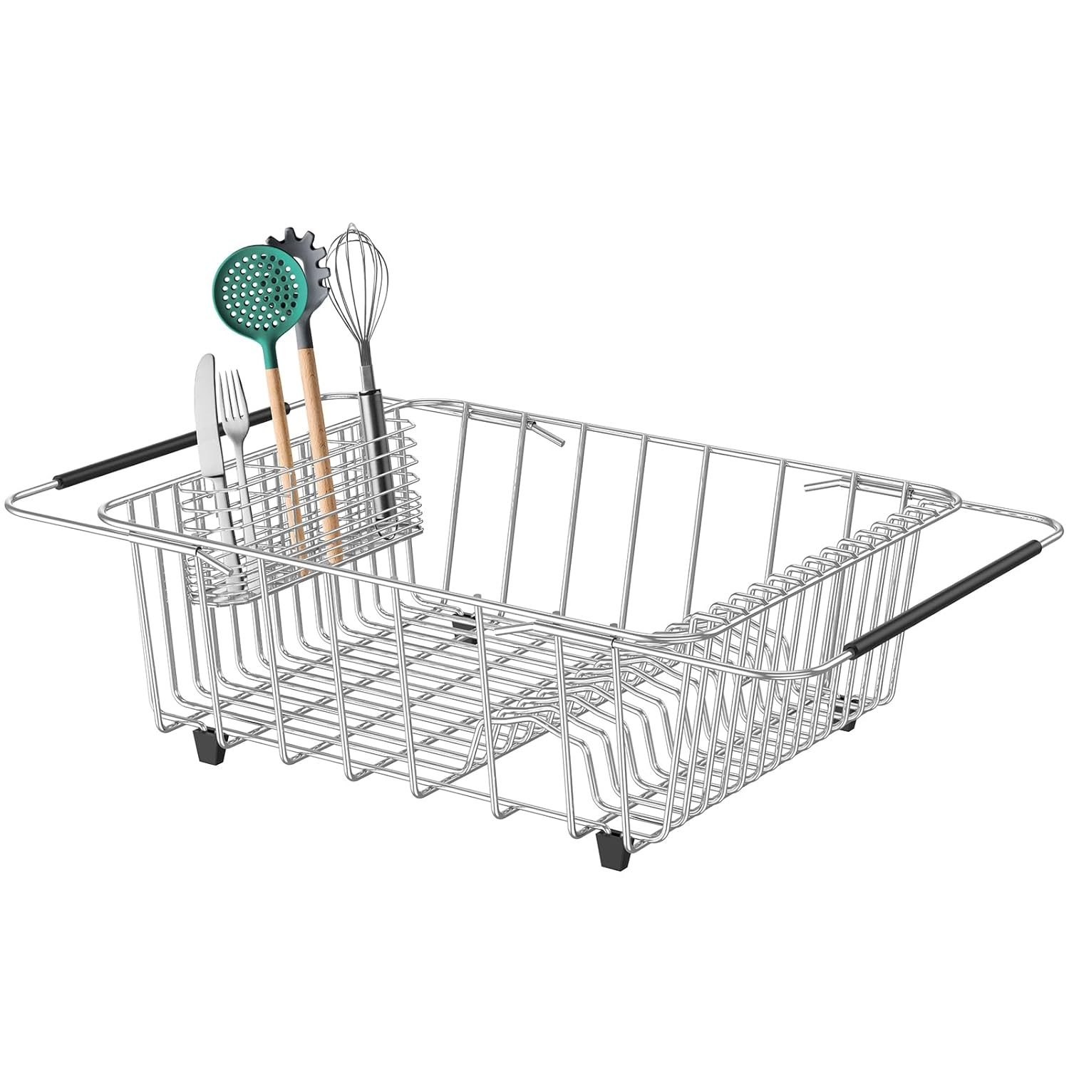 Expandable Sink Dish Drying Rack for Kitchen Counter,Durable 304 Stainless Steel Dish Drainer with Utensil Holder Over Sink,with Utensil Holder-Large(for 2-5 People)