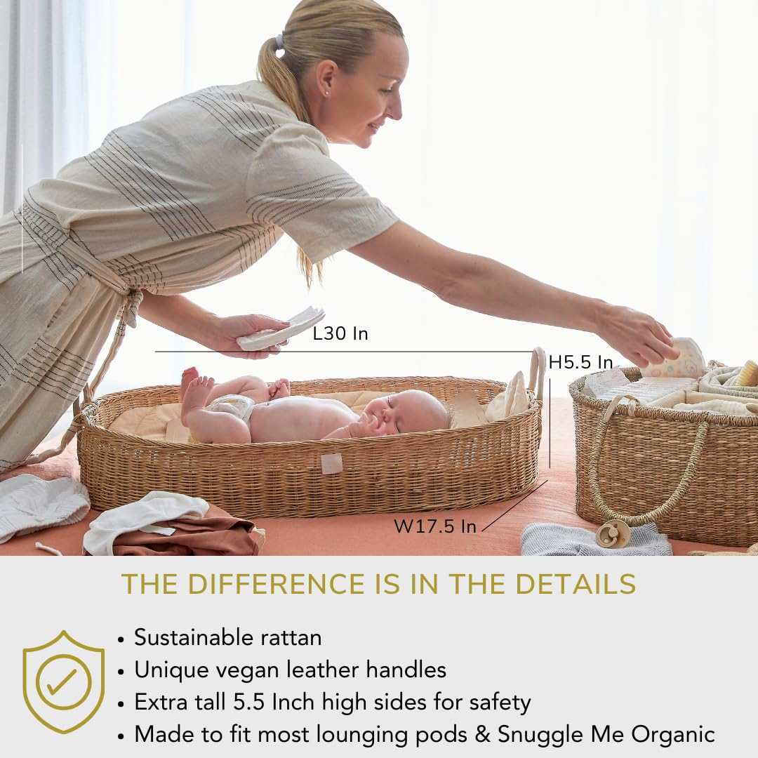 Premium Baby Changing Basket - Artisan-Crafted Rattan with Extra High Sides - Wicker Changing Basket for Baby Dresser - All Accessories Included - Complete Set for Nursery (Rattan)