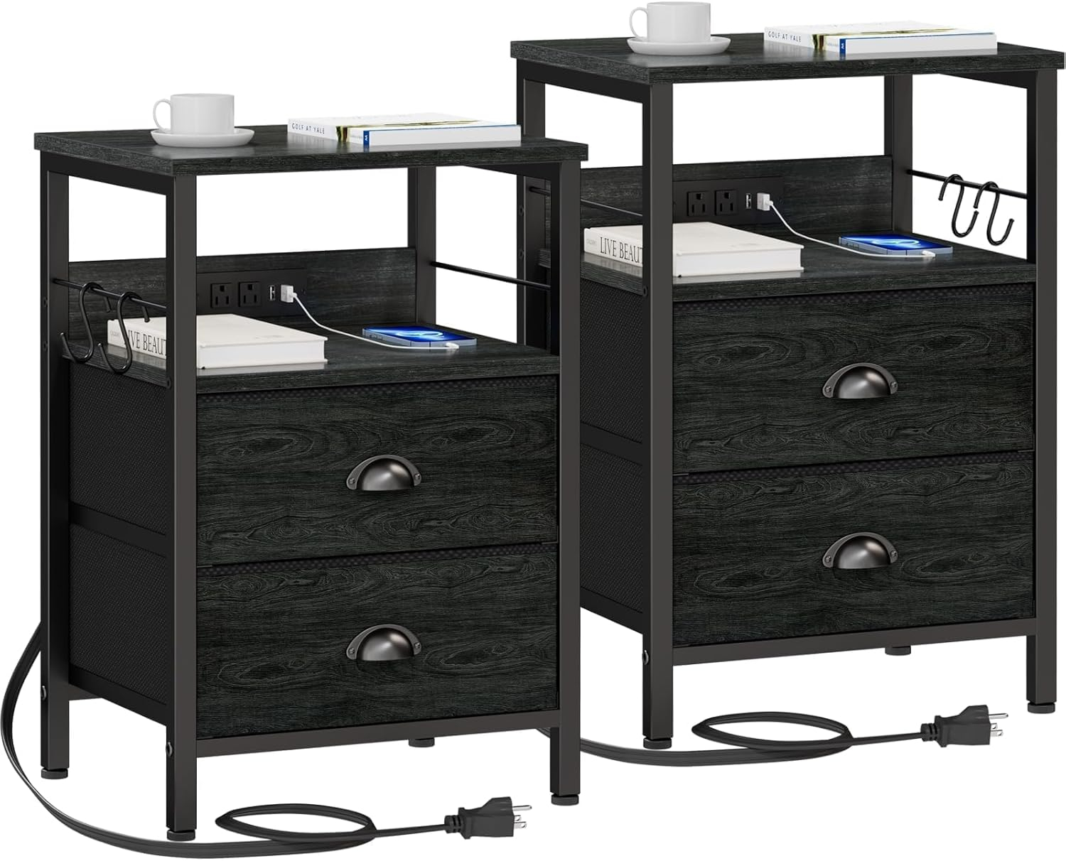 Furologee Nightstands Set 2, End Tables with 2 Fabric Drawers, Bedside Tables with Hooks and Shelf, Side Tables for Bedroom/Living Room/Study/Black Oak