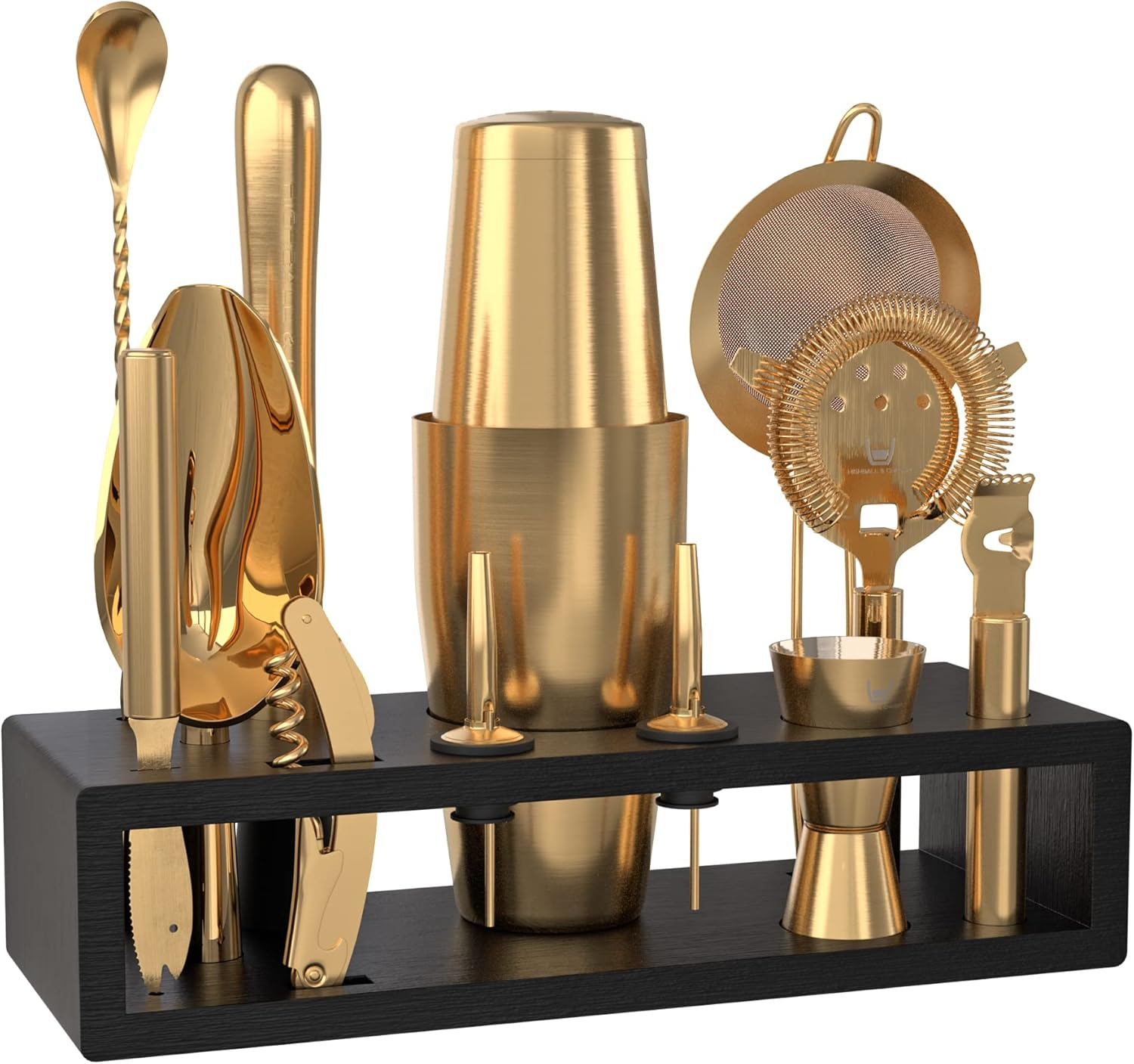 Highball & Chaser 13-Piece Boston Cocktail Shaker Set Stainless Steel Mixology Bartender Kit With Stand For Home Bar Cocktail Set | Laser Engraved Cocktail Tools | Plus E-Book with 30 Cocktail Recipes
