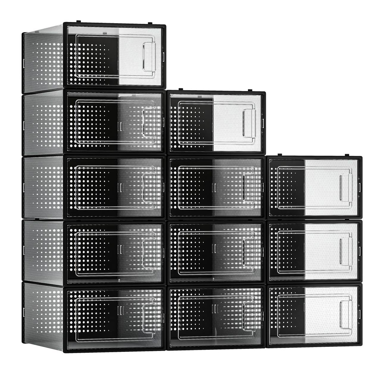 12 Pack Clear Plastic Stackable Shoe Storage Bins with Black Frame