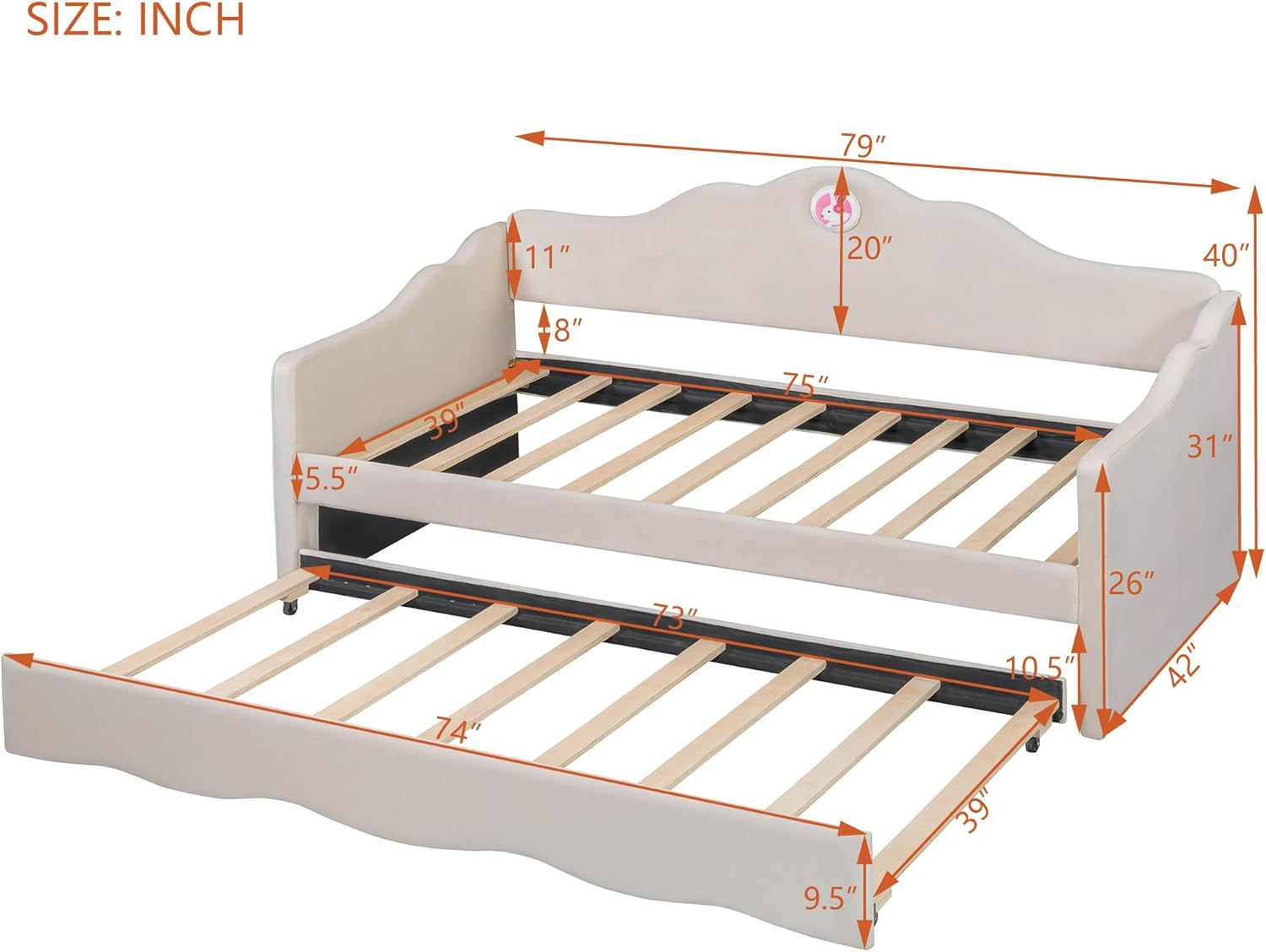 Ball & Cast Upholstered Twin Size Daybed with Trundle, Sofa Bed Frame with Wave-Shaped Back & Arm & Wood Slat Support, No Box Spring Needed, Gray