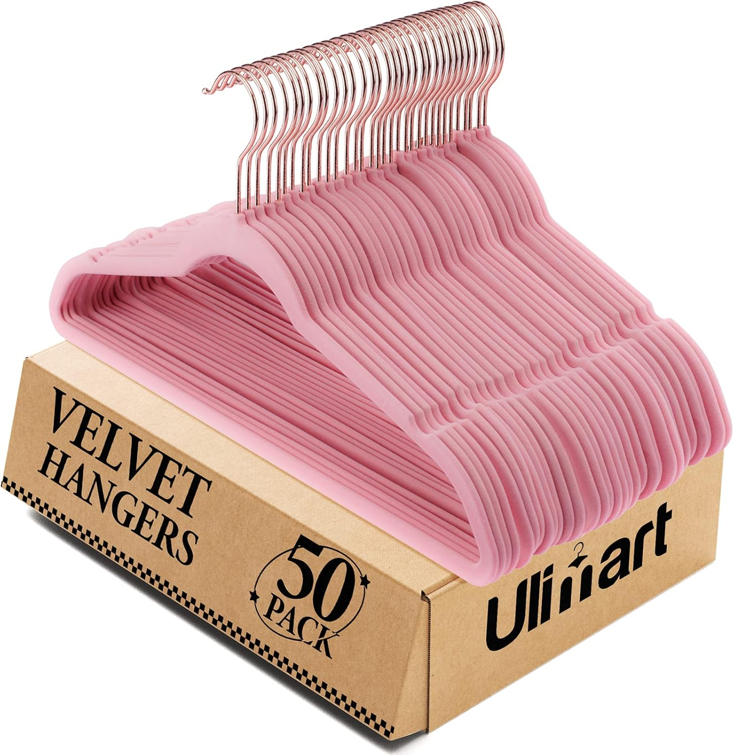 Flocked Velvet Clothes Hangers with Stainless Steel Swivel Hooks, Pink - 50 Piece
