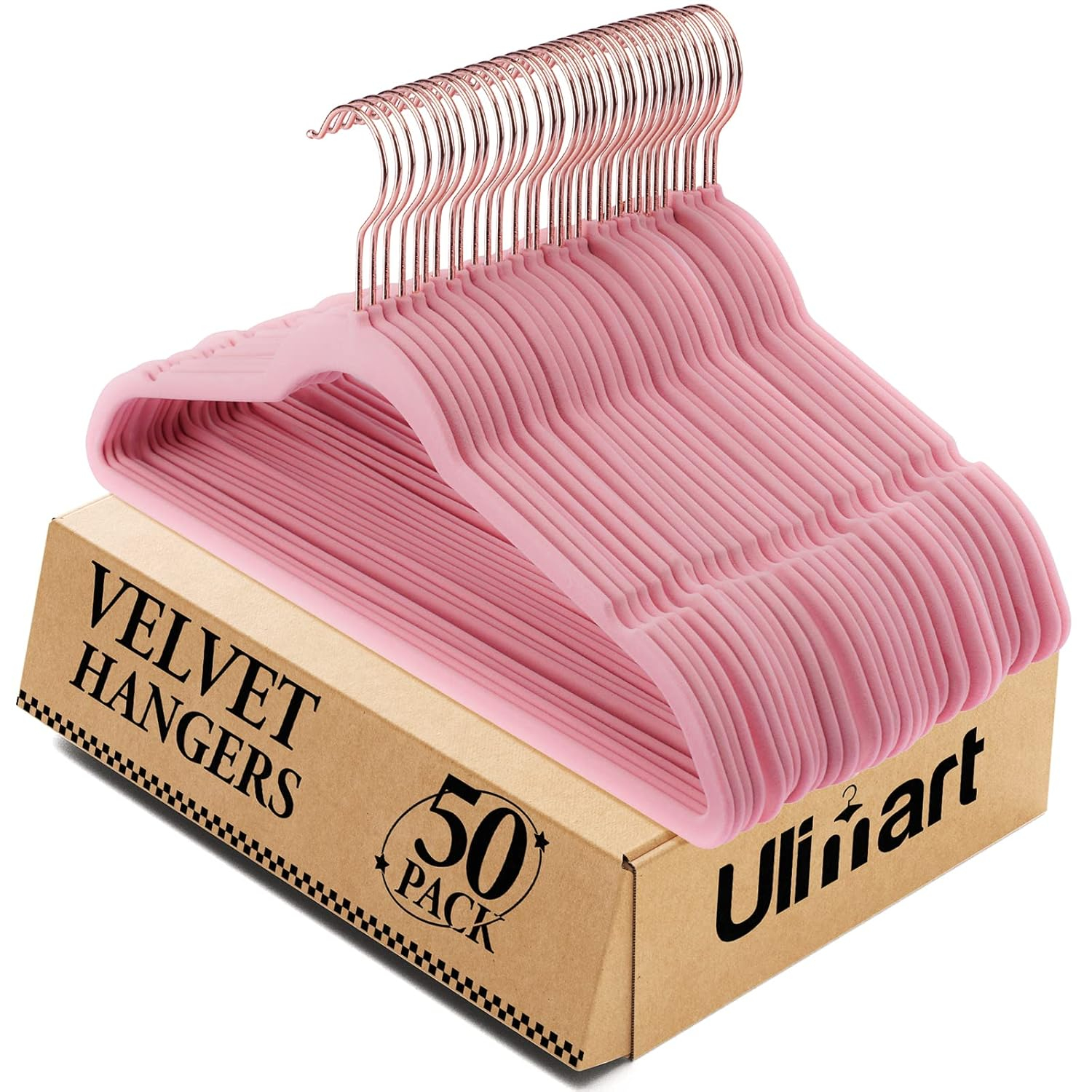 Flocked Velvet Clothes Hangers with Stainless Steel Swivel Hooks, Pink - 50 Piece
