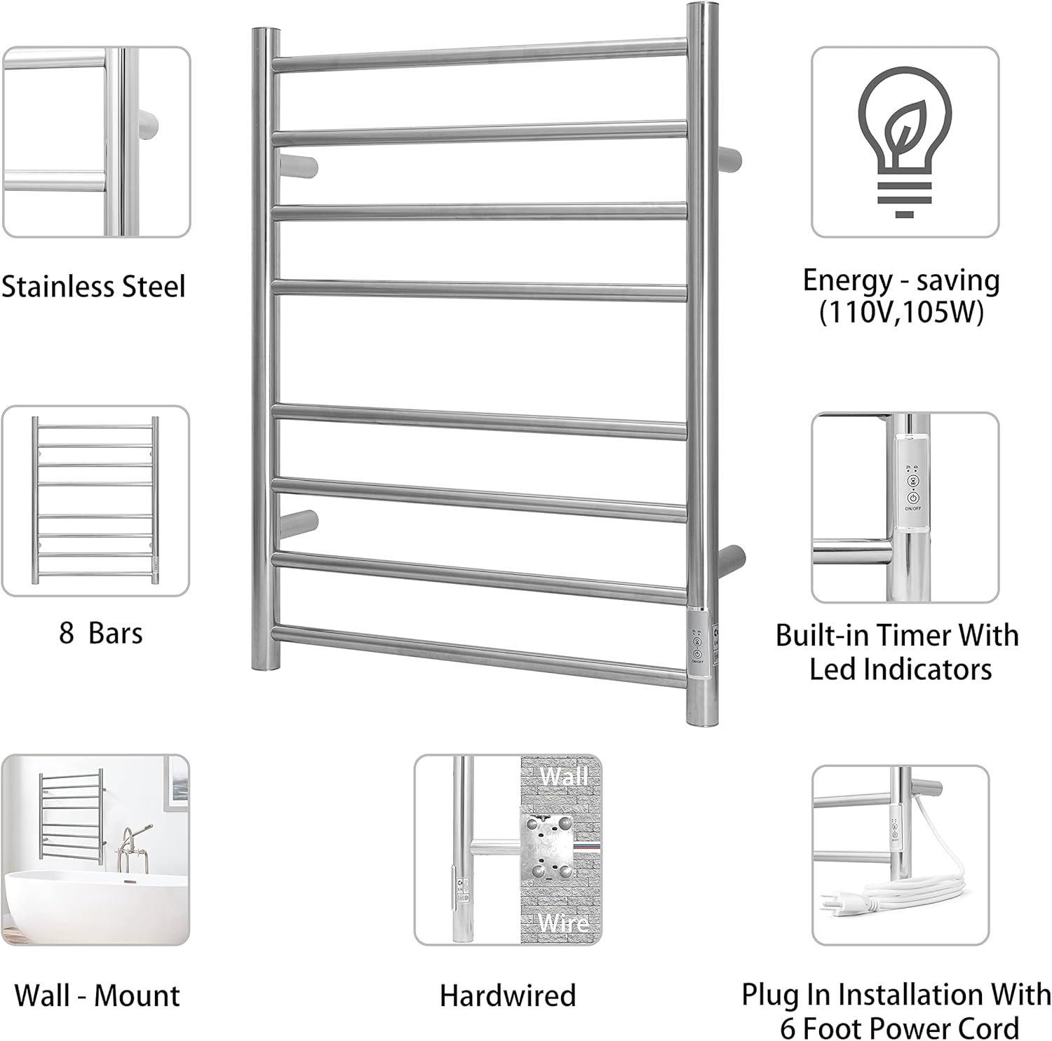 Brushed Nickel Wall Mounted Stainless Steel Electric Towel Warmer