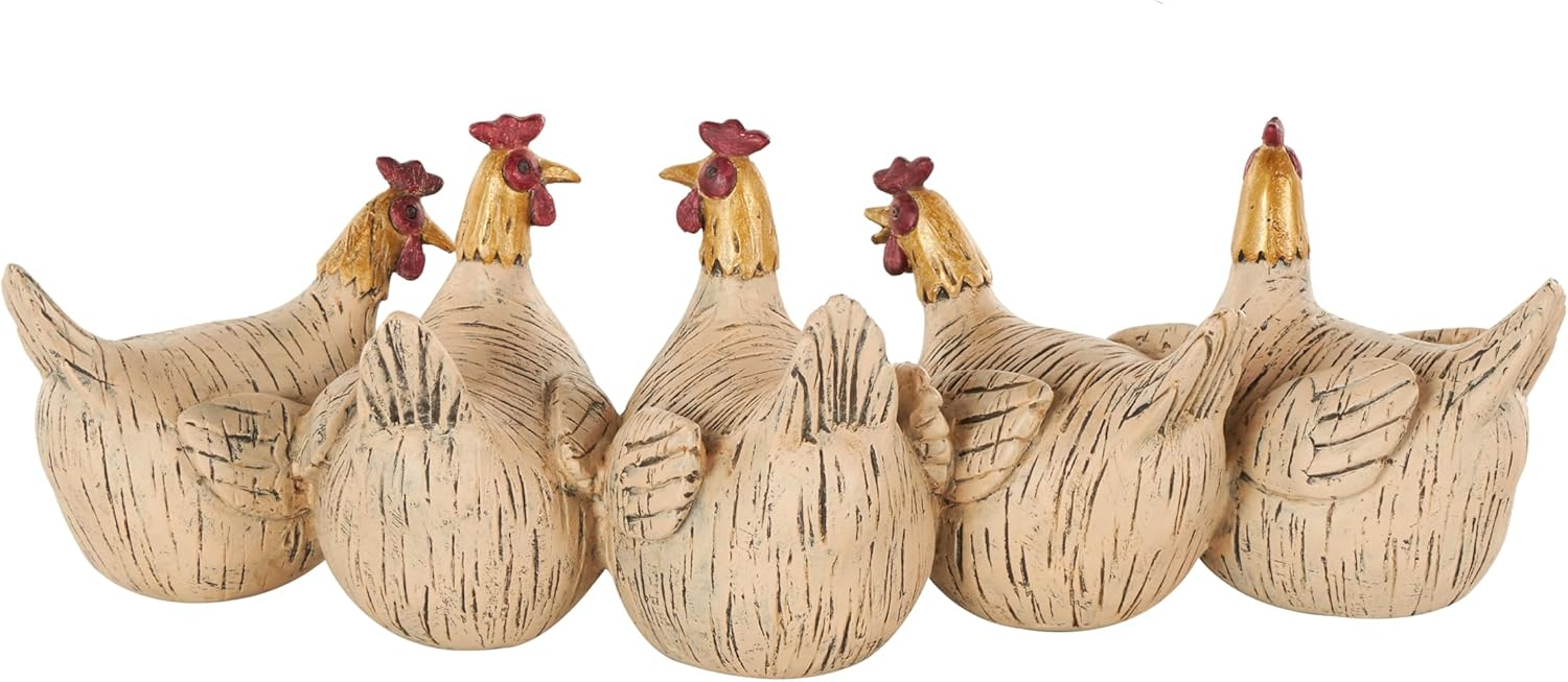 Deco 79 Polystone Chicken Sculpture with Gold Heads, 15" x 5" x 5", Beige