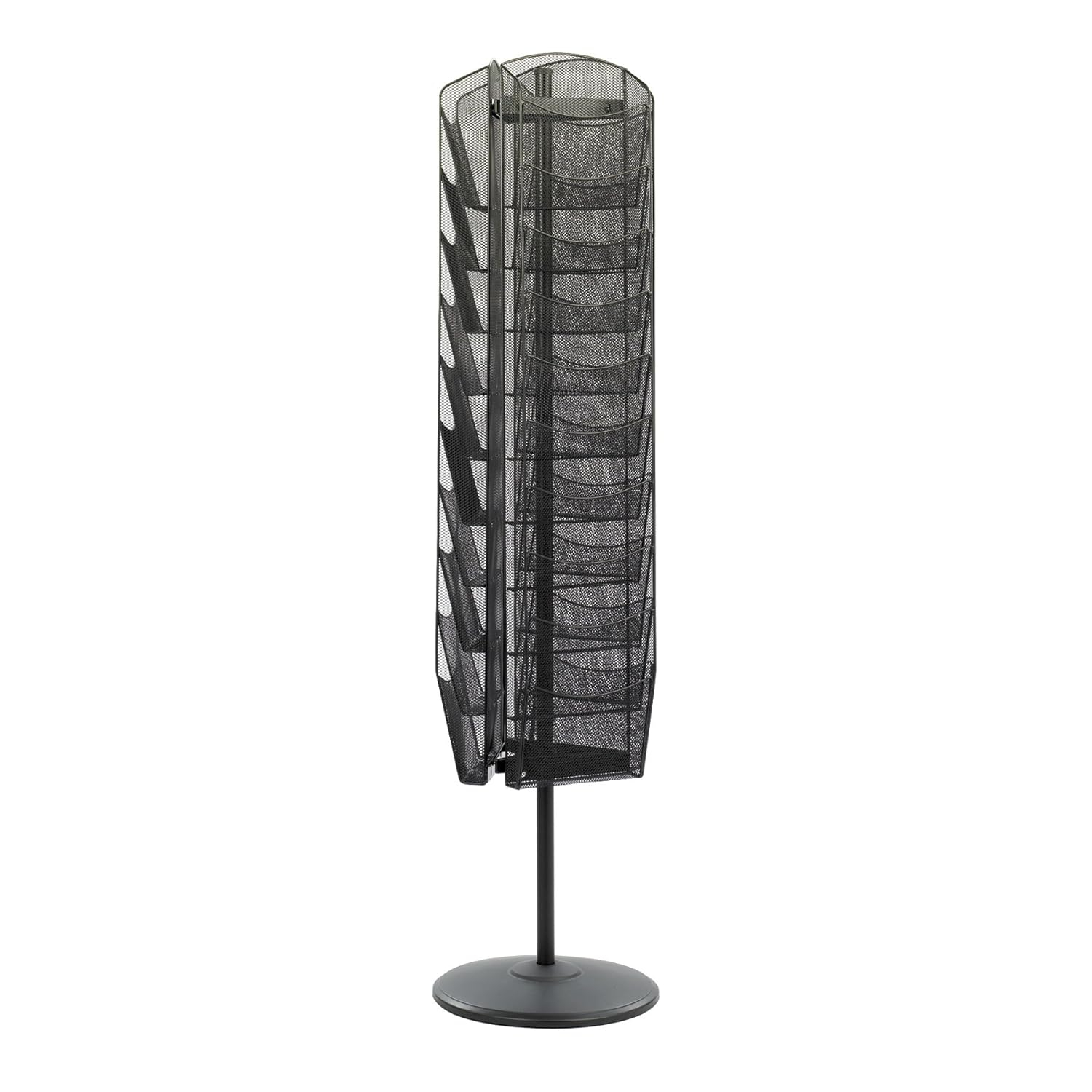 Black Powder-Coated Steel Mesh Rotating Magazine Stand with 30 Compartments