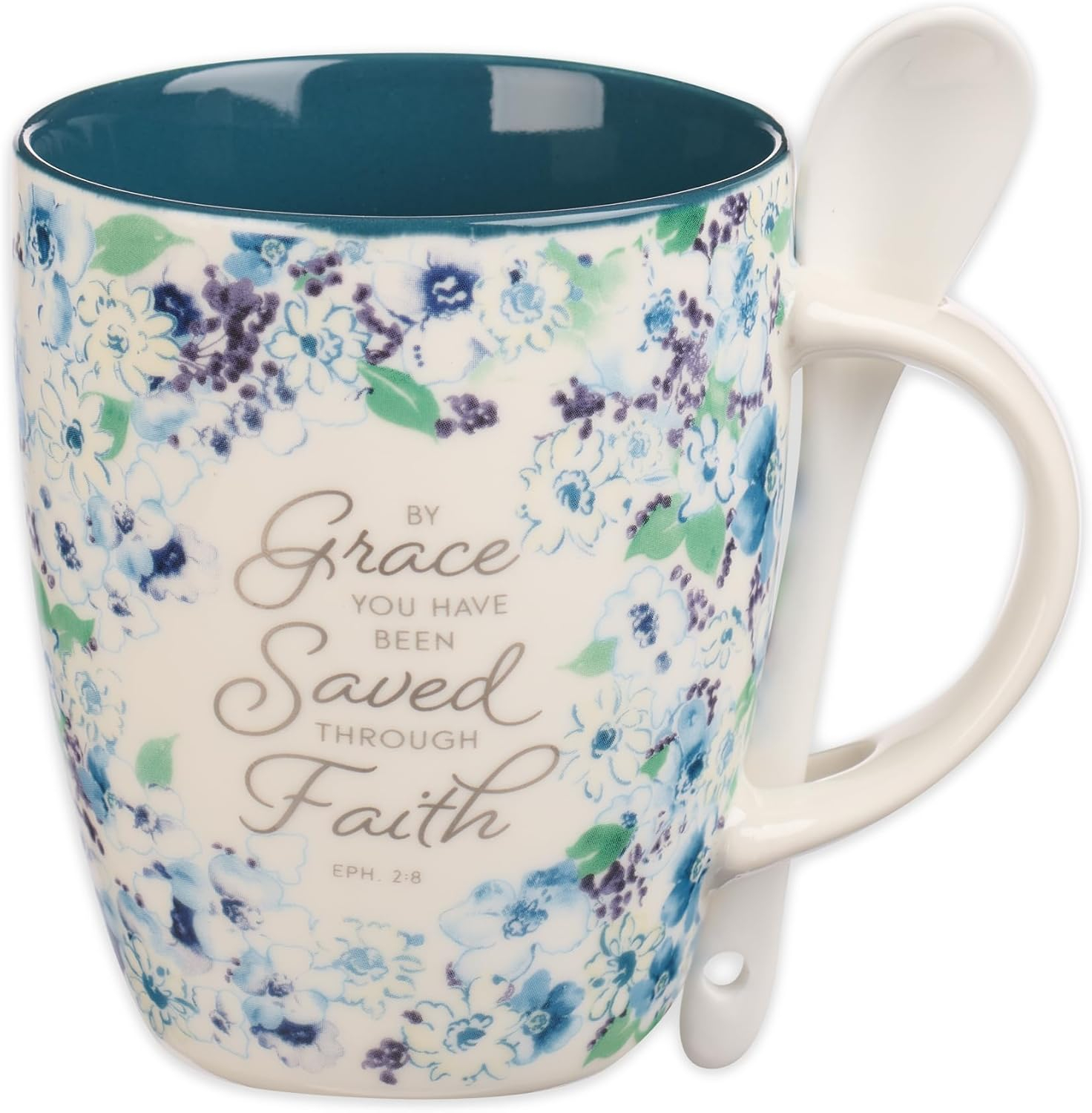 Christian Art Gifts Coffee and Tea Mug with Ceramic Spoon Set for Women: By Grace You Have Been Saved - Ephesians 2:8 Encouraging Bible Verse for Hot & Cold Beverages, Navy Blue/White Floral, 12 oz.