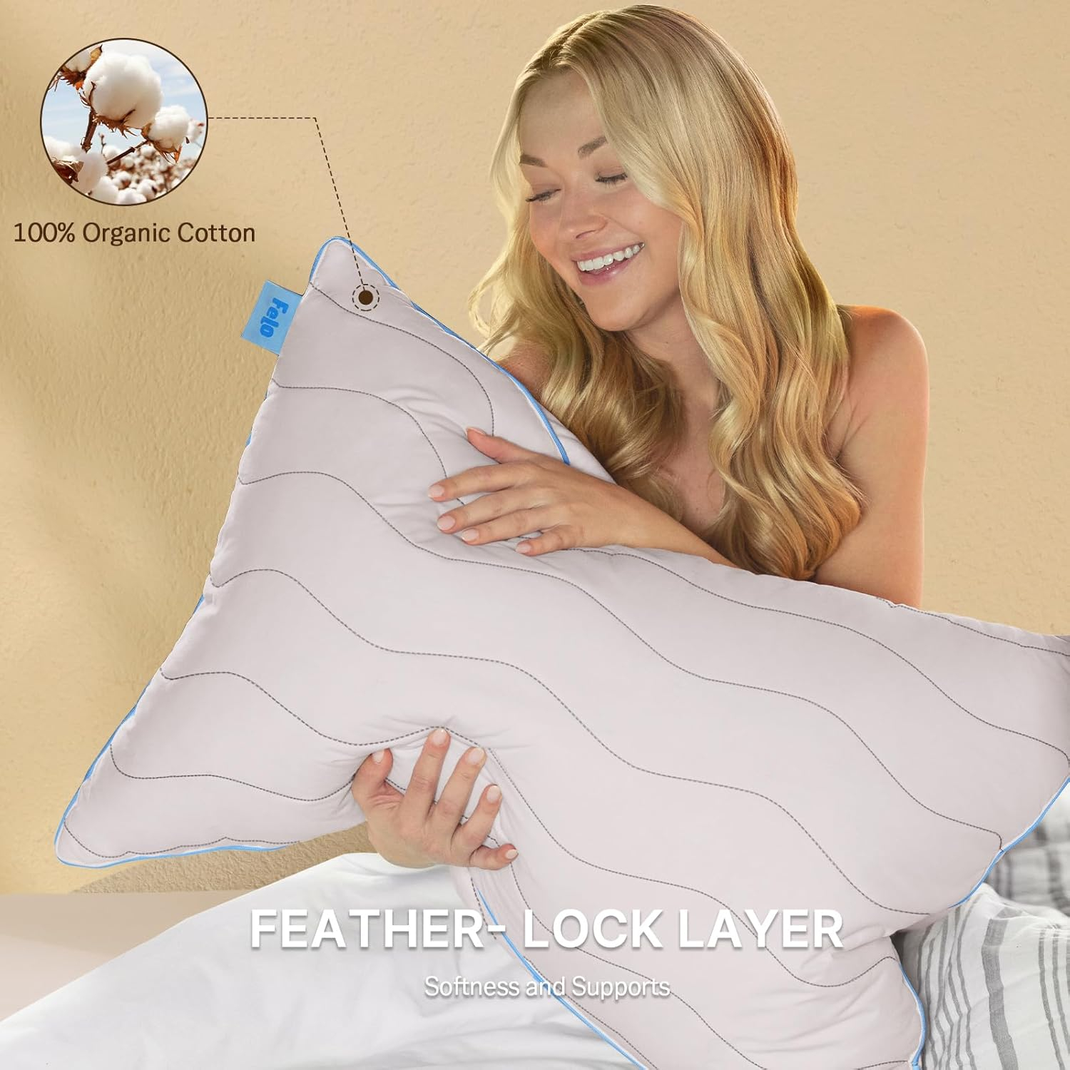 felo Feather Down Pillows Queen Size Set of 2, CloudFusion Goose Pillow for Sleeping, Luxury Hotel Collection Bed Supportive Pillows for Side Back Pain Sleepers, 100% Organic Cotton Shell (20" x 30")
