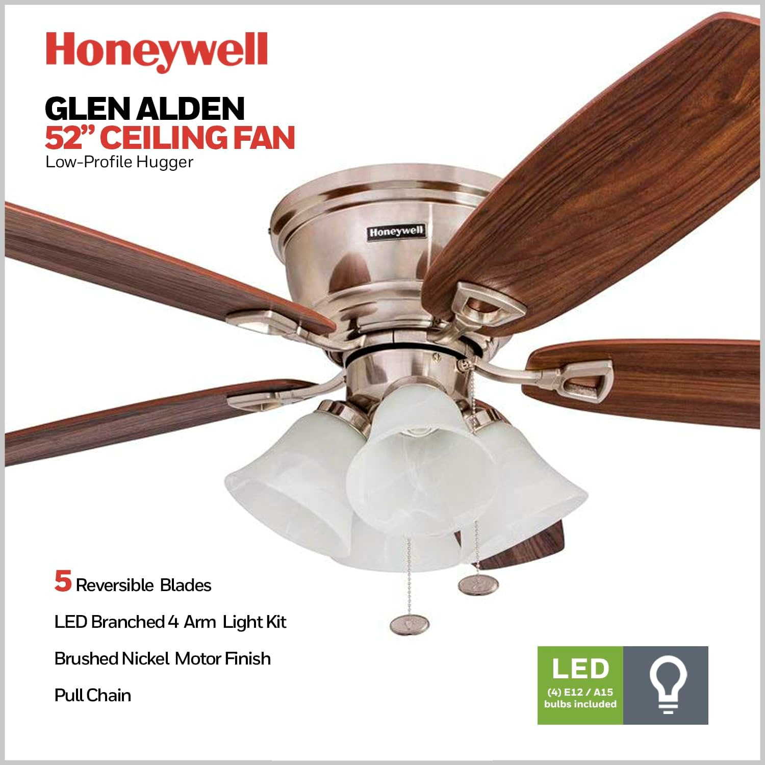 52" Honeywell Glen Alden Brushed Nickel Hugger Ceiling Fan with 4 Light