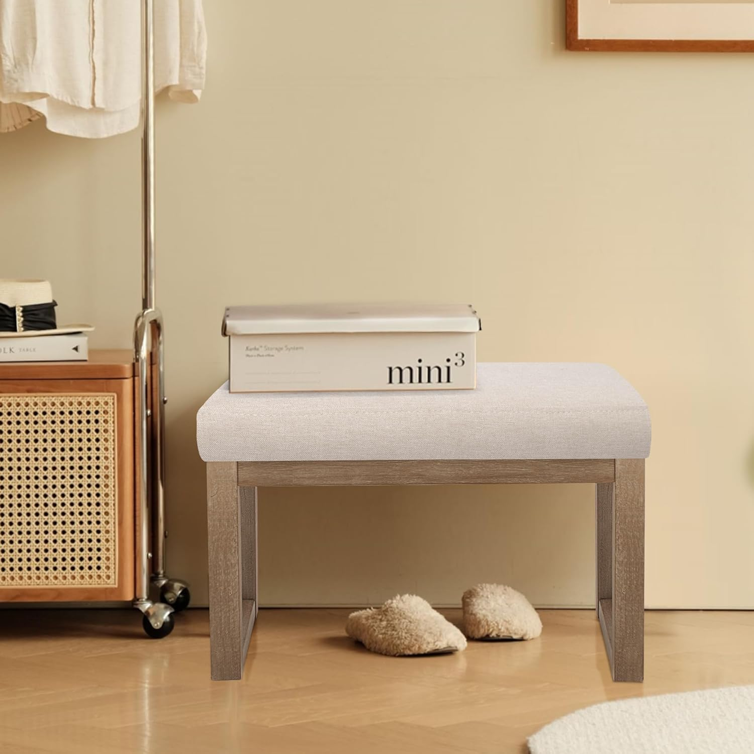 CangLong 27 Inch Wide Ottoman Bench, Rectangle Footstool with Linen Look Fabric and Wood Leg for Entryway, Bedroom & Living Room, Beige