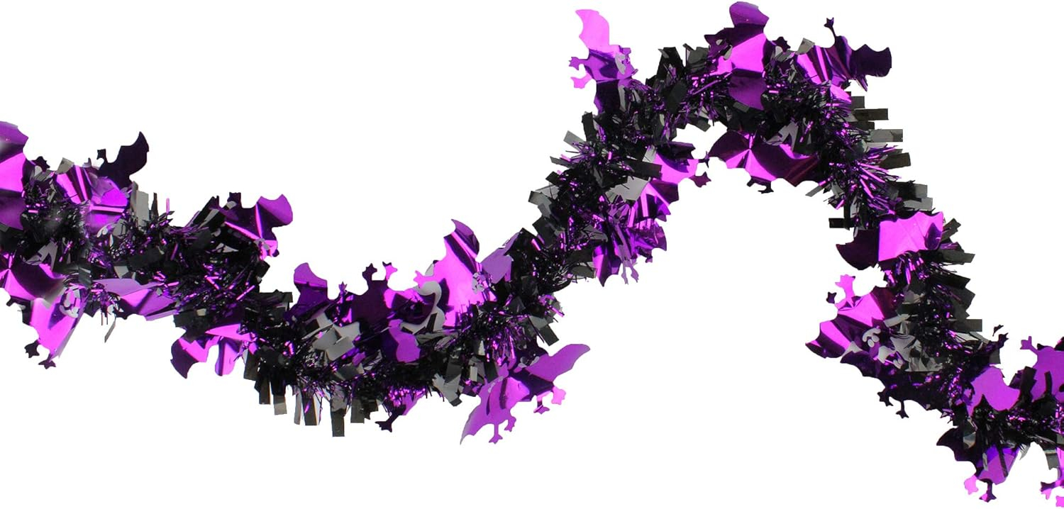 Northlight Black with Purple Bats Halloween Tinsel Garland - 50 feet, Unlit