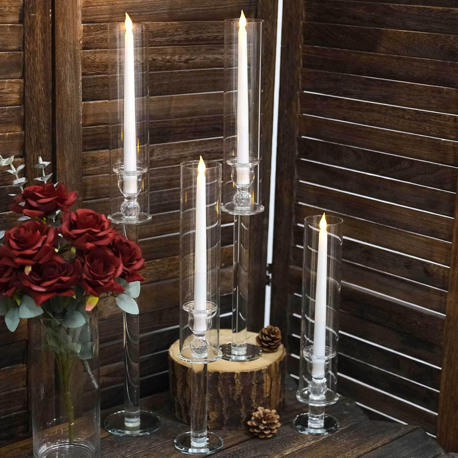 Efavormart Set Of 4 | Clear Crystal Glass Hurricane Taper Candle Holders With Tall Cylinder Chimney Tubes - 14", 18", 22", 26"