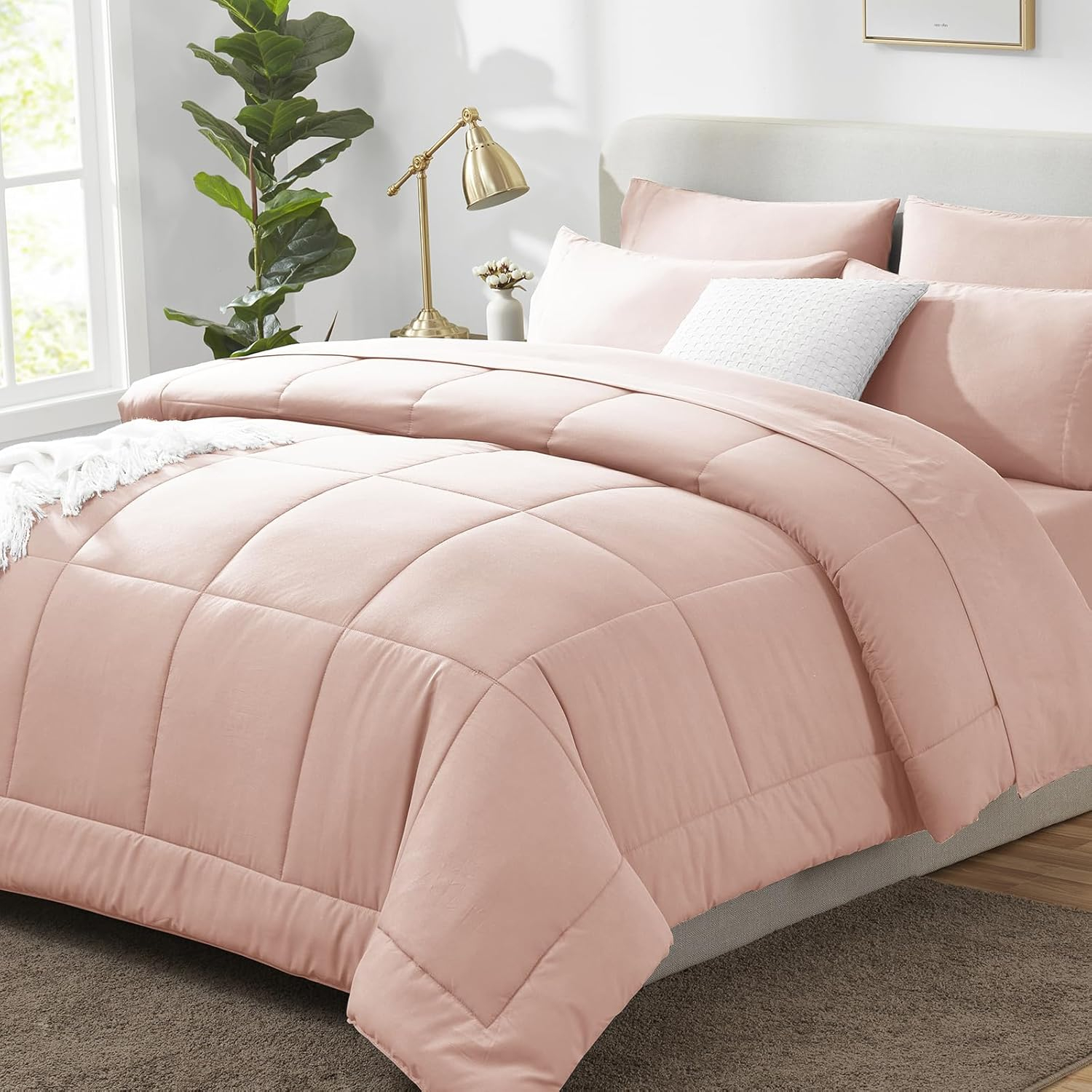 CozyLux Pink Comforter Set Queen - 7 Pieces Bed in a Bag Toddler Girls Comforter Set Teen Girl Bedding Sets with All Season Quilted Comforter, Flat Sheet, Fitted Sheet, Pillowcases, Blush Pink