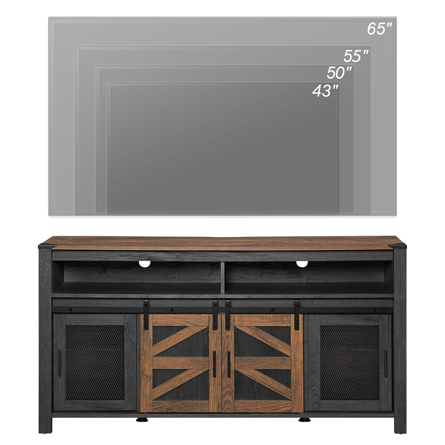 WAMPAT Farmhouse TV Stand for 65 Inch TV, Antique Black & Brown Entertainment Center with Sliding Barn Doors and Mesh Doors, Tall Media Console with Open Storage Space for Living Room, 59x15.4x31