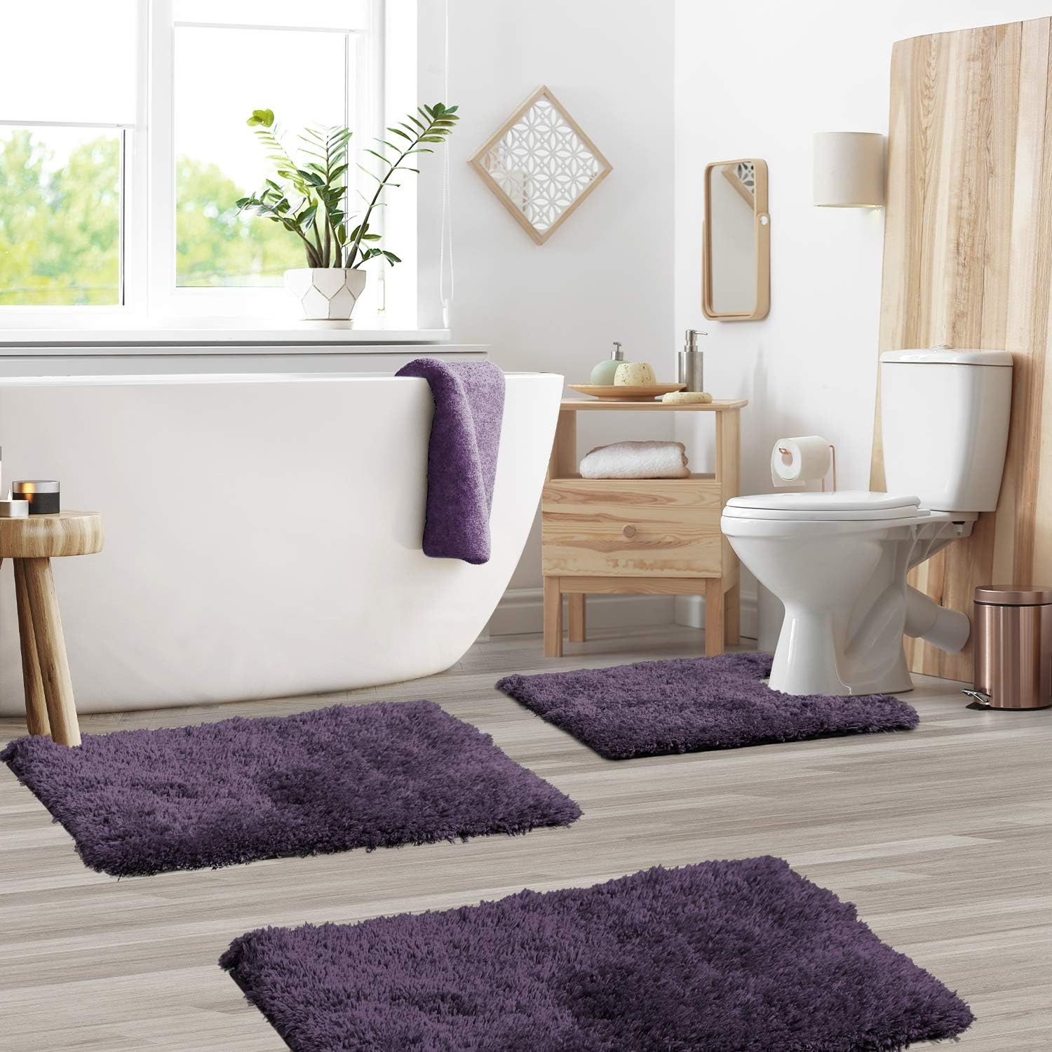 Clara Clark Set of 3 Absorbent Bath Mat Non-Slip Backing Rubber Bathroom Rugs, 17x24, 20x32, 32x48 Eggplant