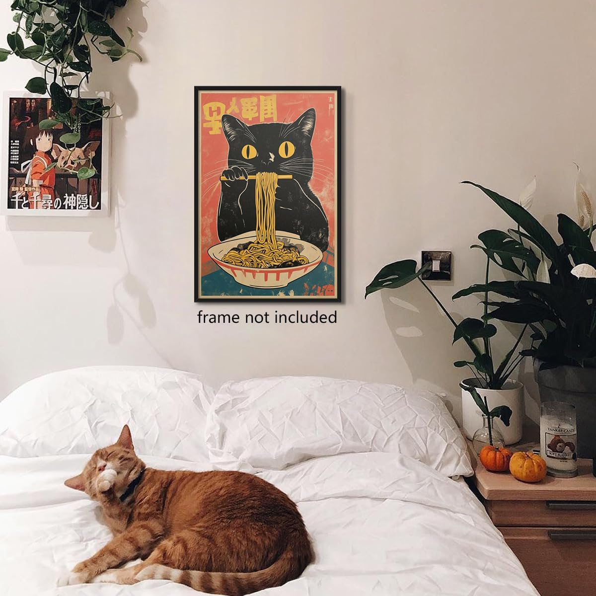 Vintage Japanese Cat Canvas Wall Art, Quirky Black Cat Eating Ramen Poster, Retro Funny Animal Food Art Print, Unique Kitchen Dining Room Wall Decor, Noodle Lover Gift 8x12in Unframed