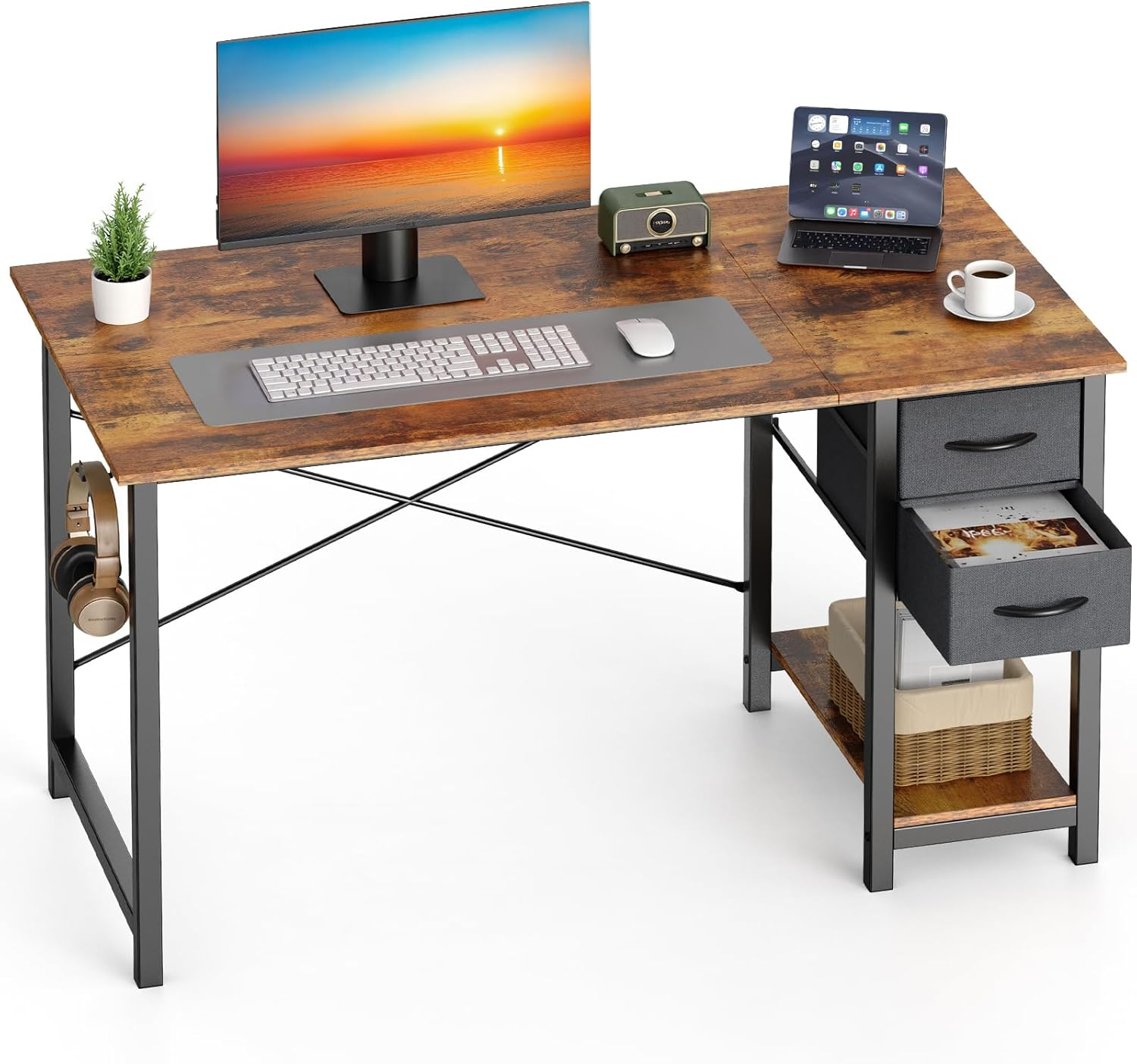 Sweetcrispy 40 Inch Computer Desk with Drawers for Home Office, Writing Desk with X-Shaped Reinforcement, Wood Table with Adjustable Position Drawers, Study Work Table with Side Hook, Rustic Brown