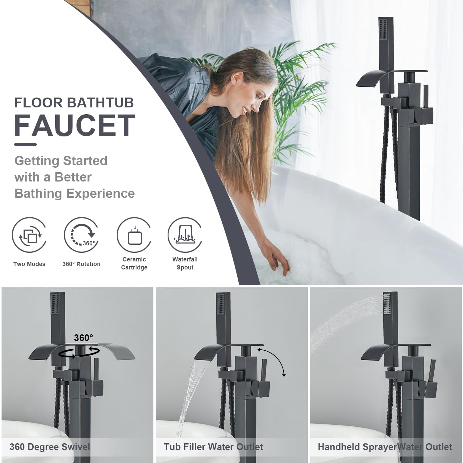 Senlesen Barthroom Tub Filler Faucet Floor Mounted Bathtub Shower Faucet Waterfall Spout Free Standing Tub Mixer Tap with Handheld Sprayer