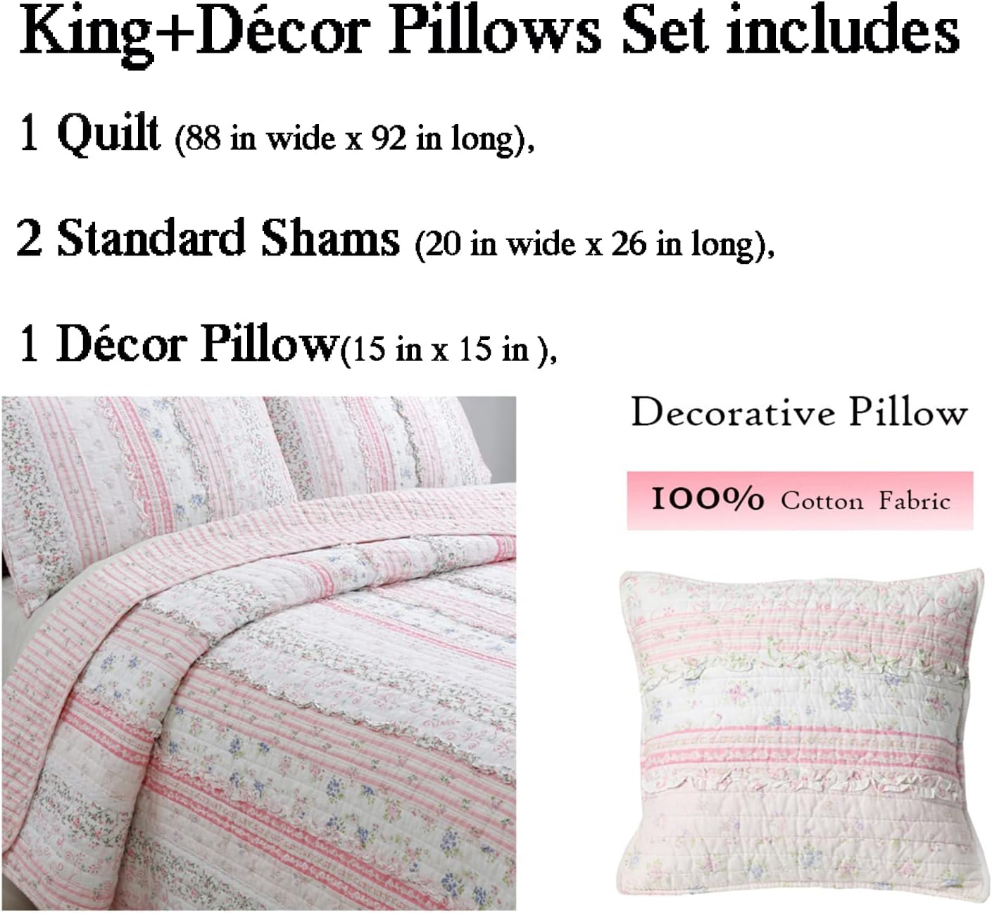 Pink Rose Peonies Ruffle 4-Piece Pink Floral Stripe Cotton Bedding Set with Decor Pillow King Quilt Set