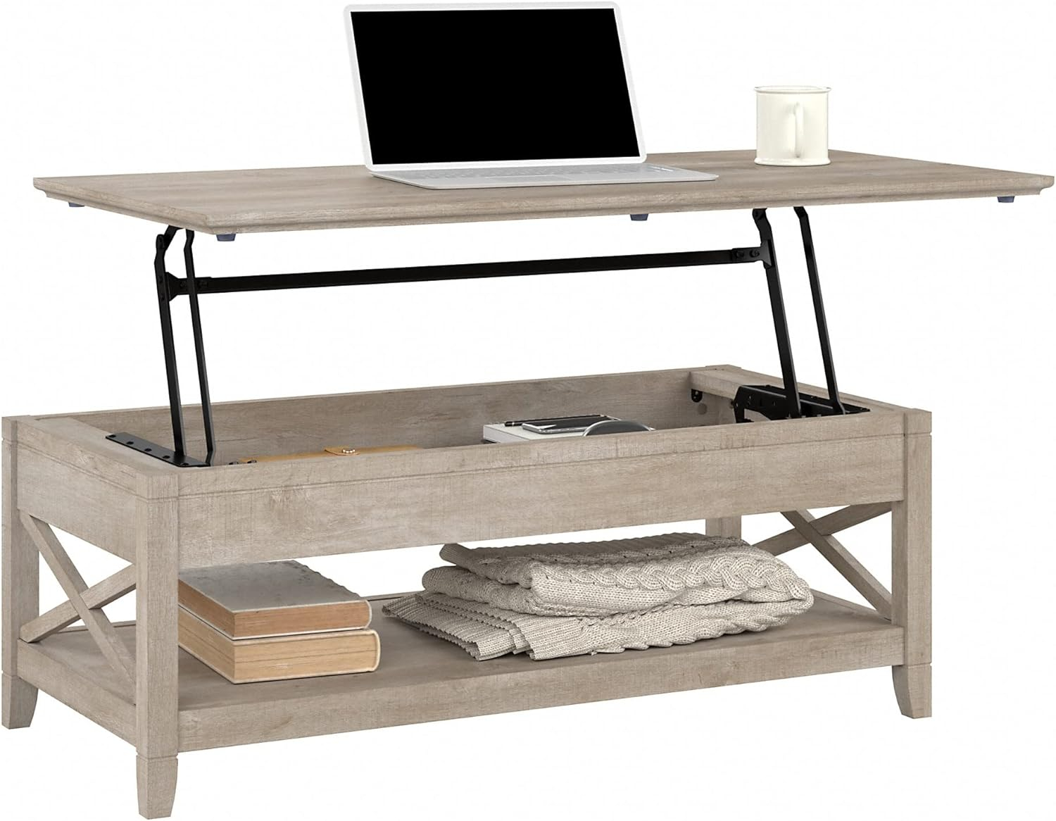 Bush Furniture Key West Lift Top Coffee Table Desk, Washed Gray