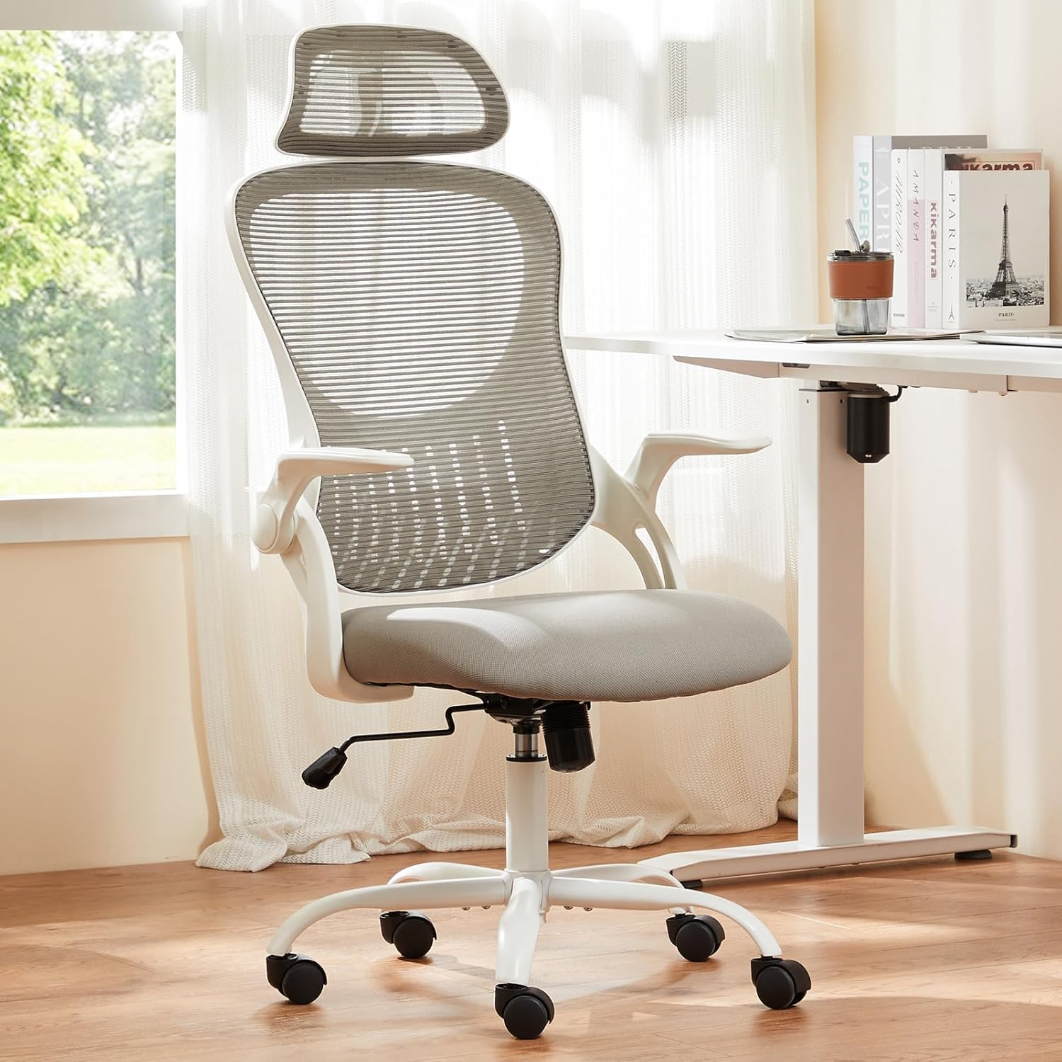 Sweetcrispy Office Computer Desk Managerial Executive Chair, Ergonomic Mid-Back Mesh Rolling Work Swivel Chairs with Wheels, Comfortable Lumbar Support, Comfy Arms for Home,Bedroom,Study,Student,Grey